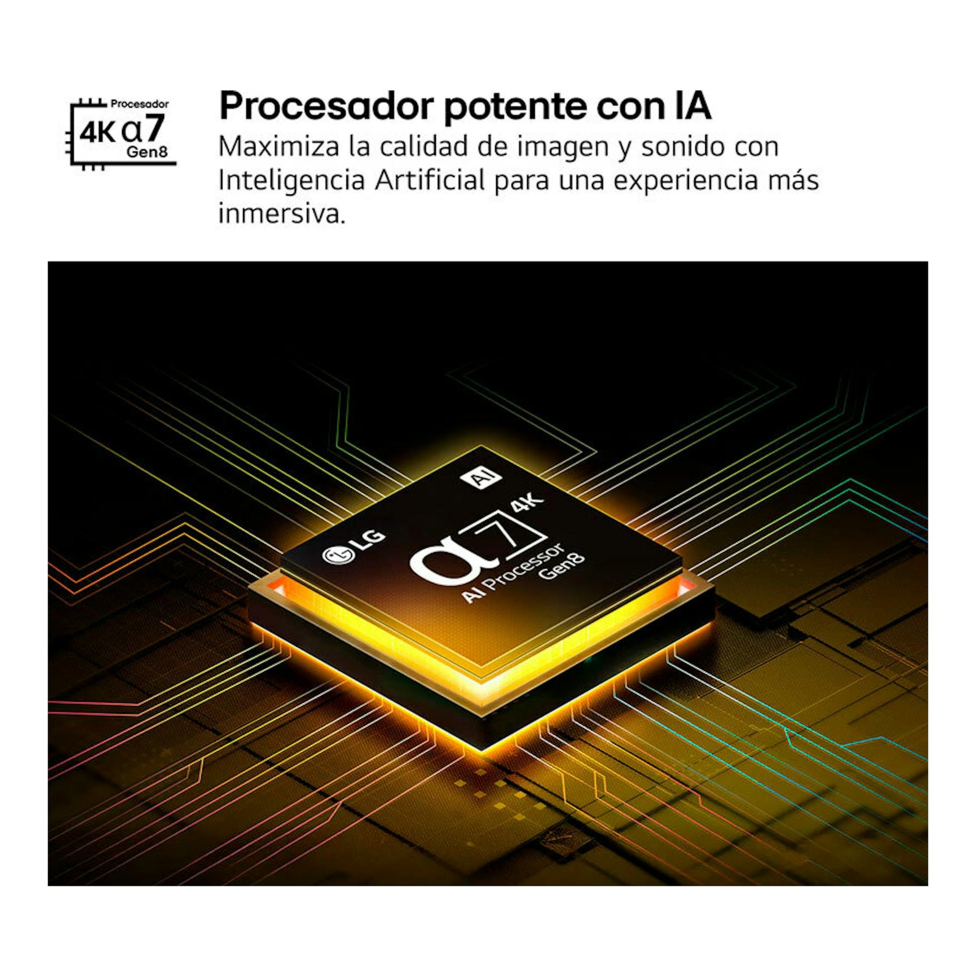 Gráfico de LG del procesador α7 4K AI Processor Gen8 sobre fondo negro.