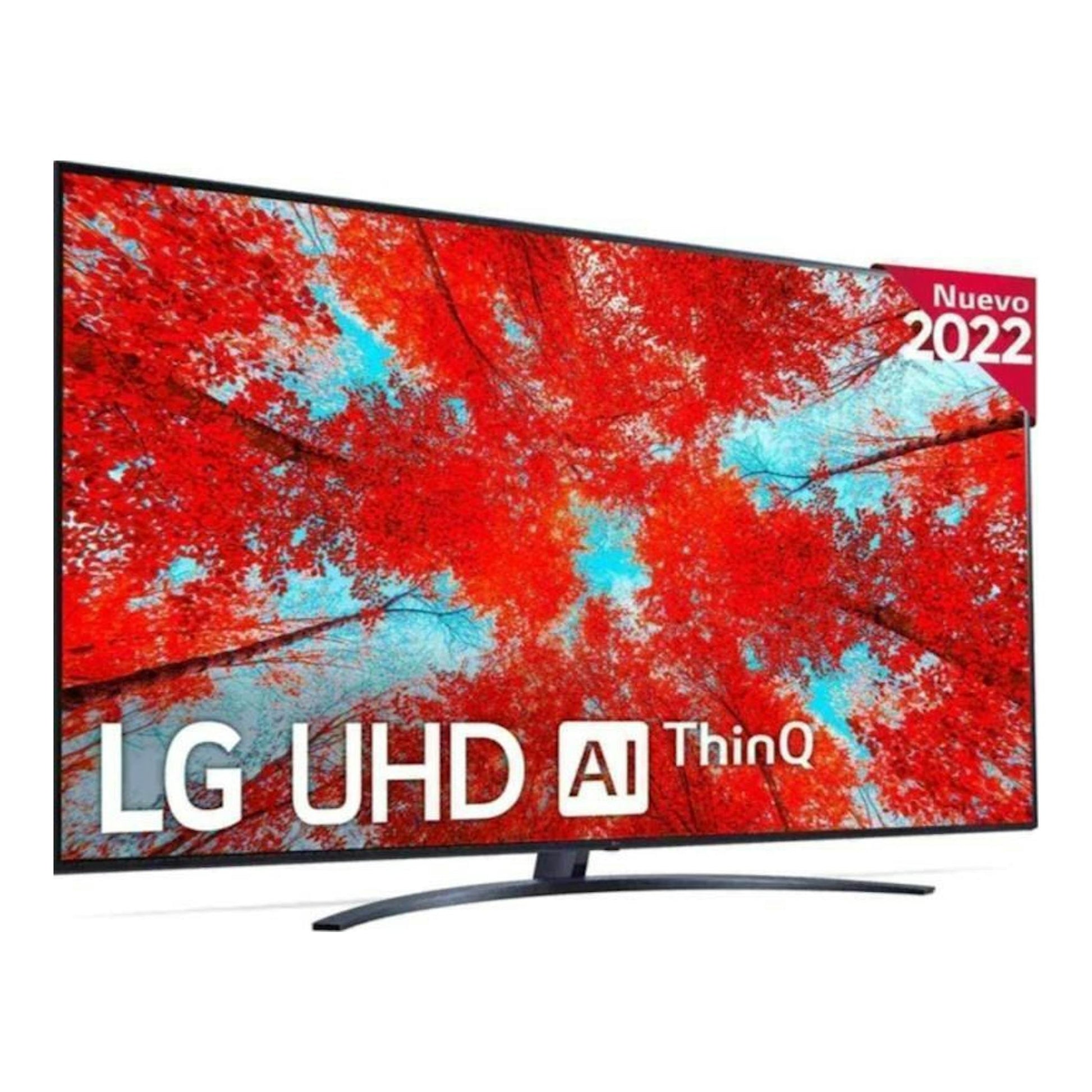 Televisor LG UHD AI ThinQ en vista frontal, con pantalla de árboles rojos y etiqueta “Nuevo 2022”.