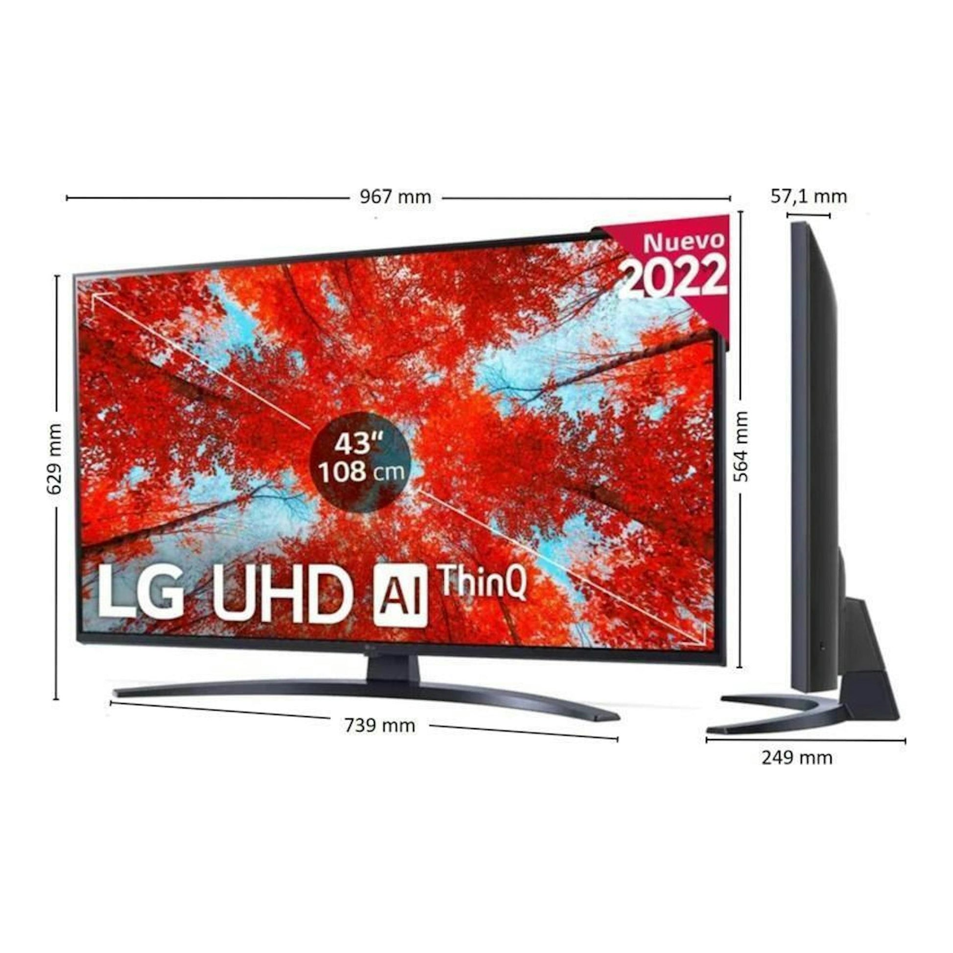 TV LG 43UQ91006LA 43'' UHD 4K LED, vista frontal y lateral, con marco negro y peana curvada.