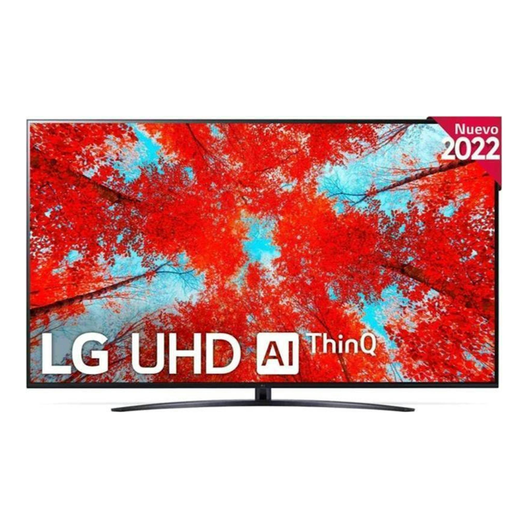 Televisor LG 43UQ91006LA, vista frontal, negro, con pantalla de árboles rojos y texto «Nuevo 2022».