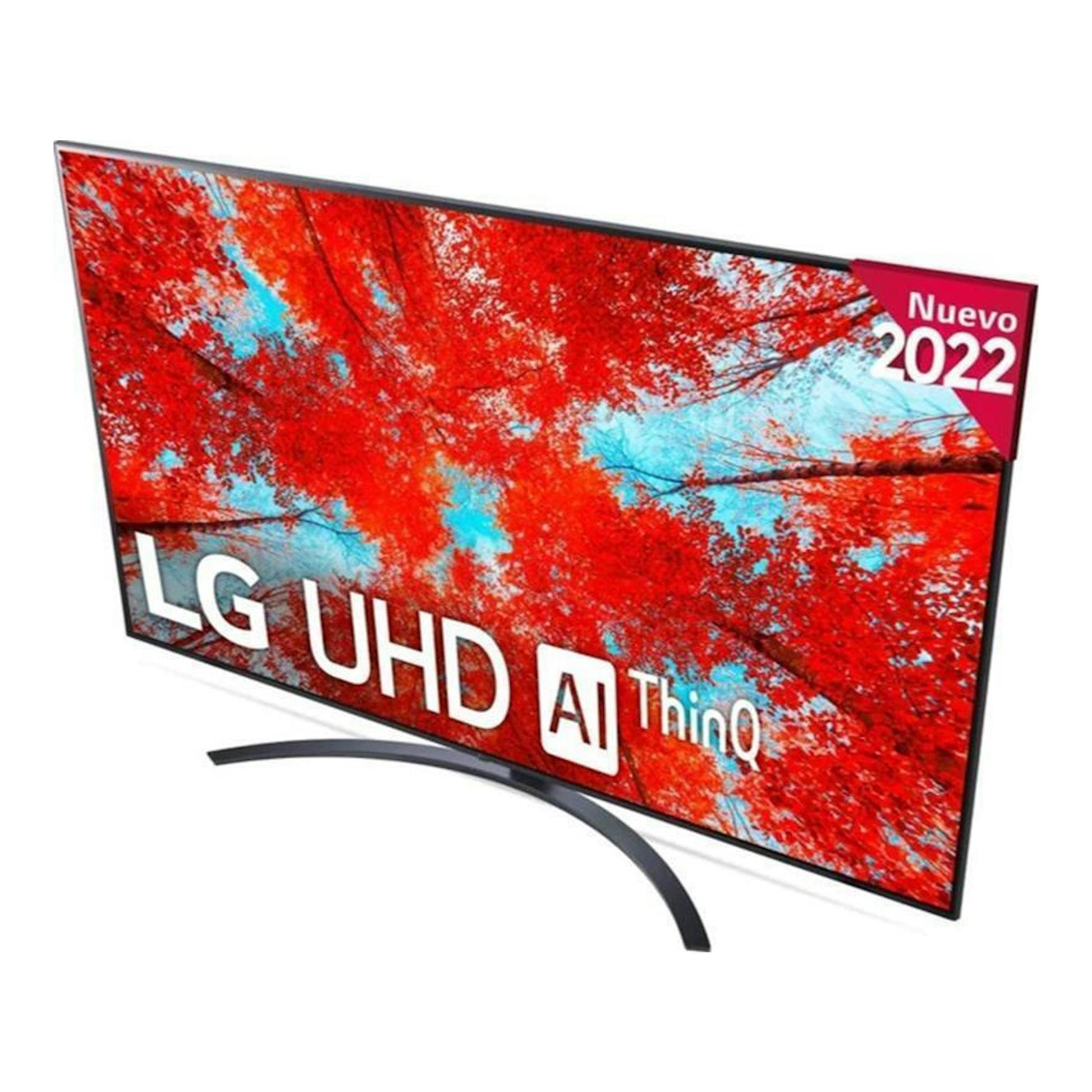 TV LG 43UQ91006LA UHD 4K, vista en ángulo, pantalla con imagen abstracta roja y azul, base curva.