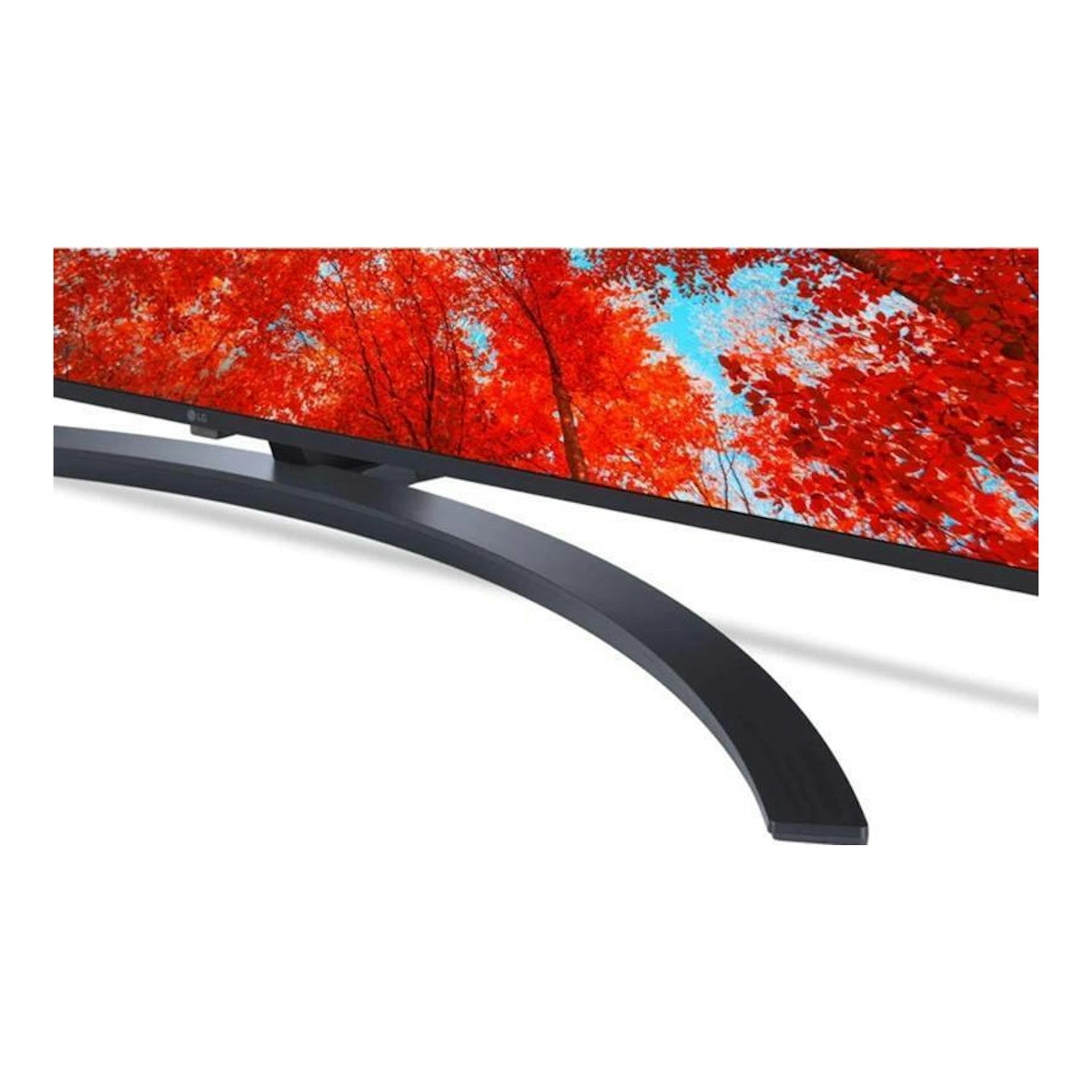 TV LG 43UQ91006LA en vista lateral, pantalla con árboles rojos y base curva negra.