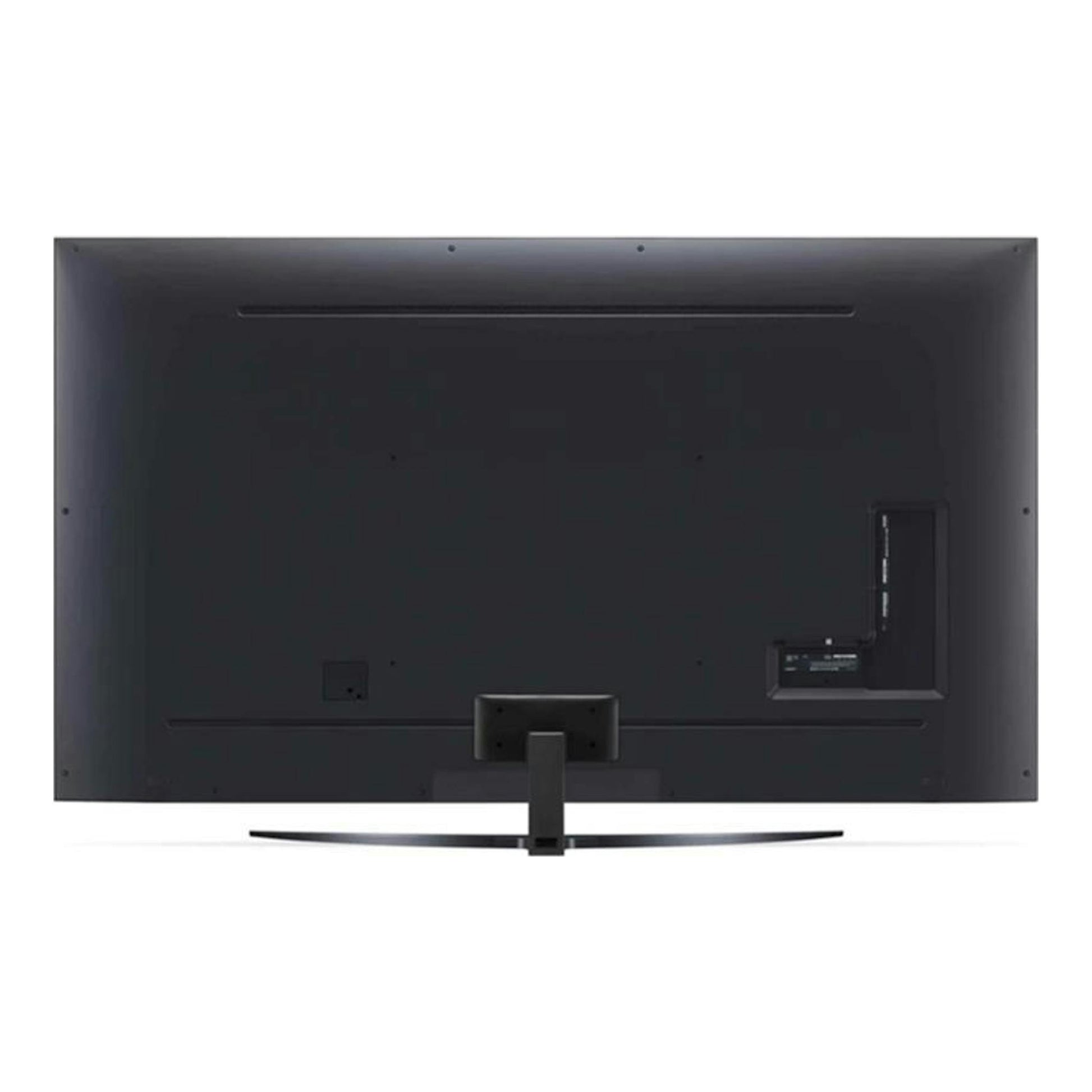 Parte trasera de un televisor LG 43UQ91006LA negro, vista posterior, sobre soporte central.
