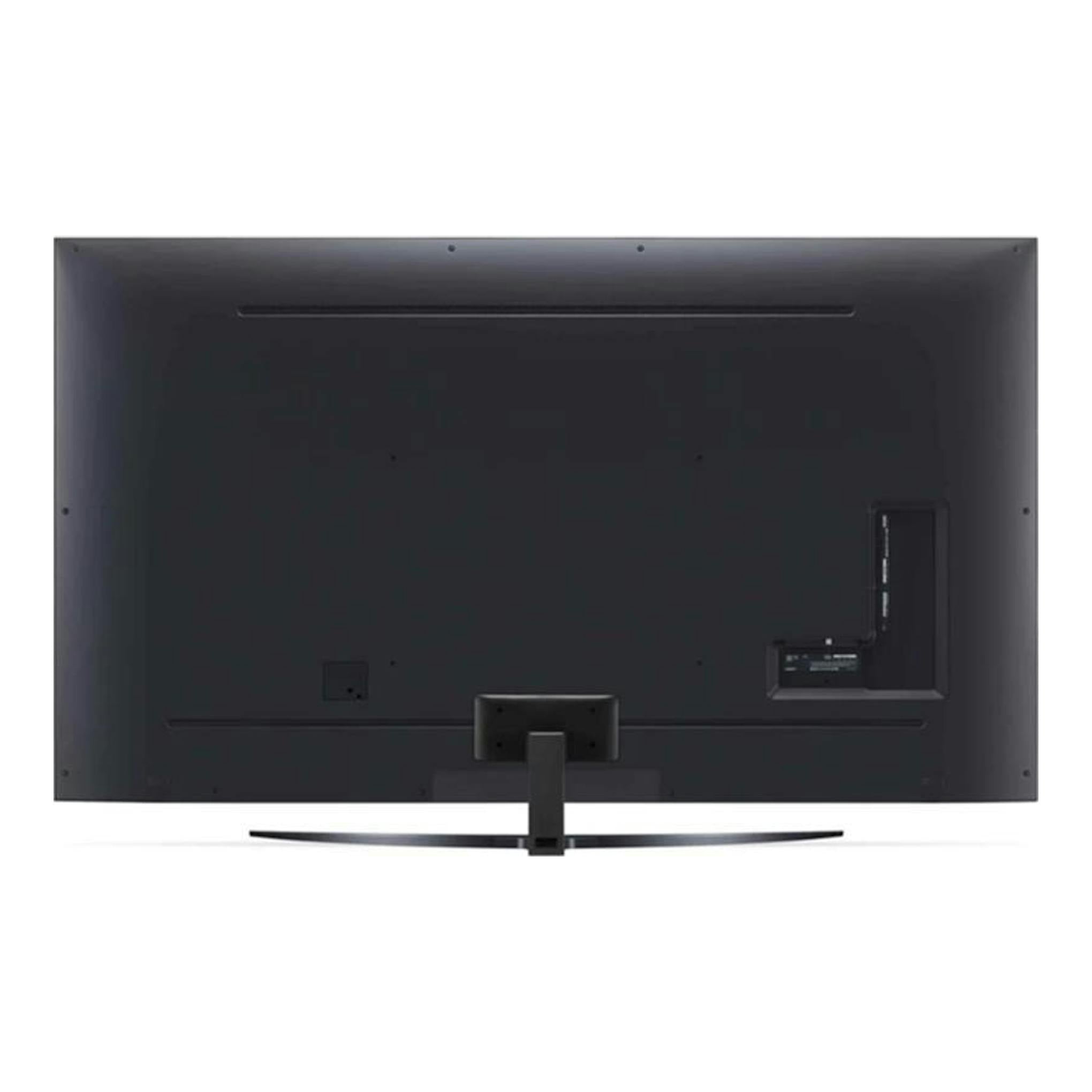 Parte trasera de un televisor LG 43UQ91006LA negro, vista posterior, sobre soporte central.