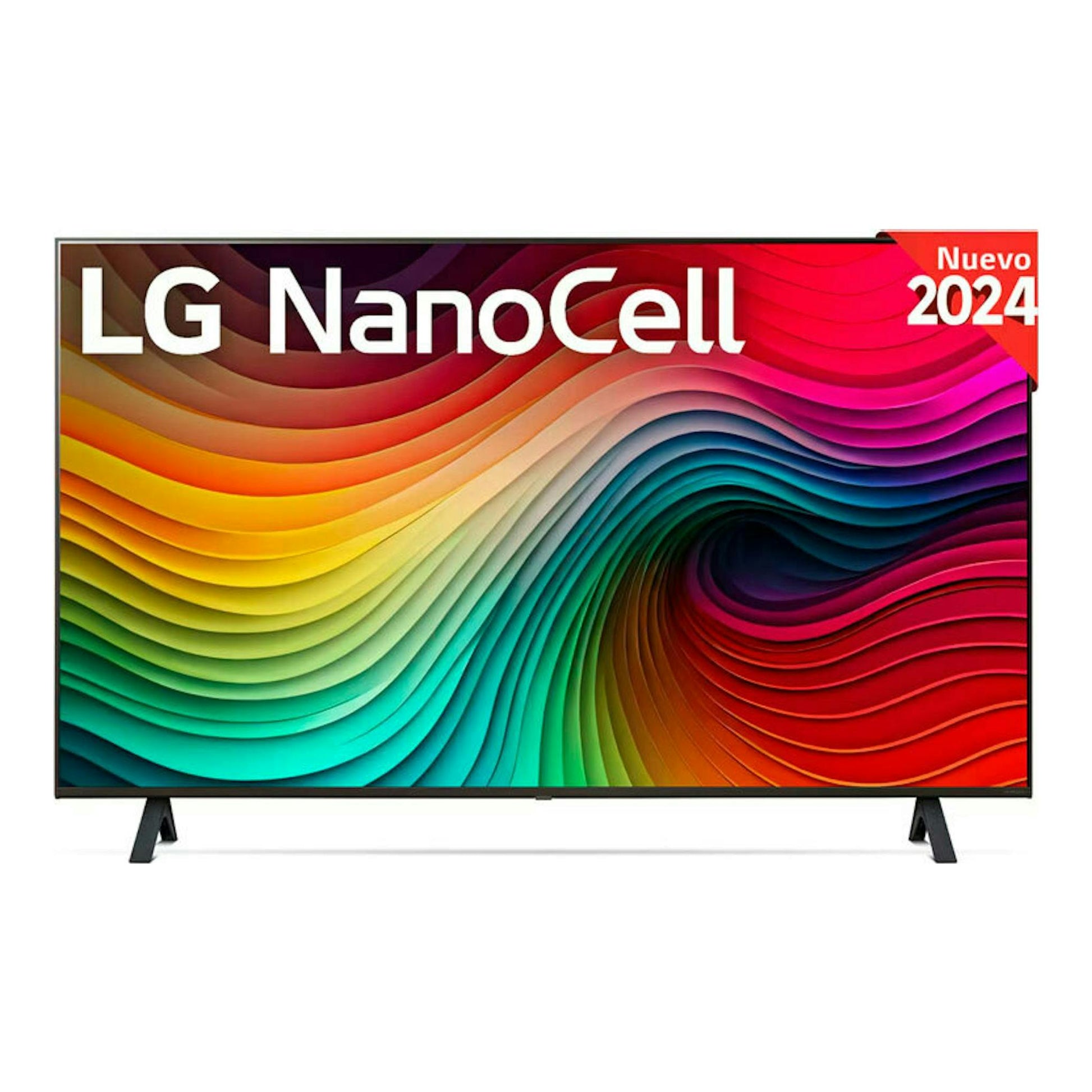 Televisor LG NanoCell 50NANO82T6B, vista frontal, pantalla multicolor, con patas negras sobre fondo blanco.