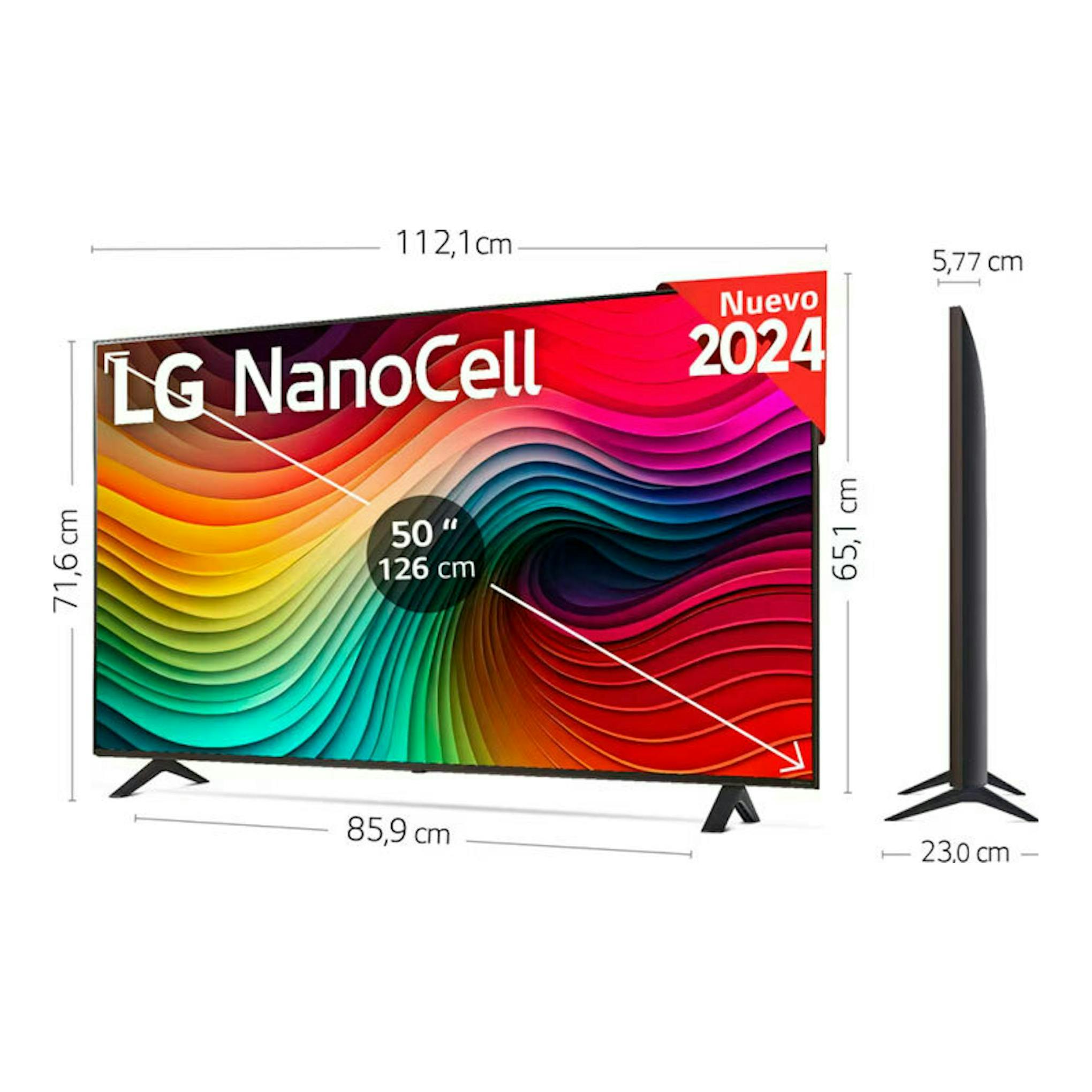 Televisor LG 50NANO82T6B NanoCell de 50", vista frontal y lateral, con medidas.