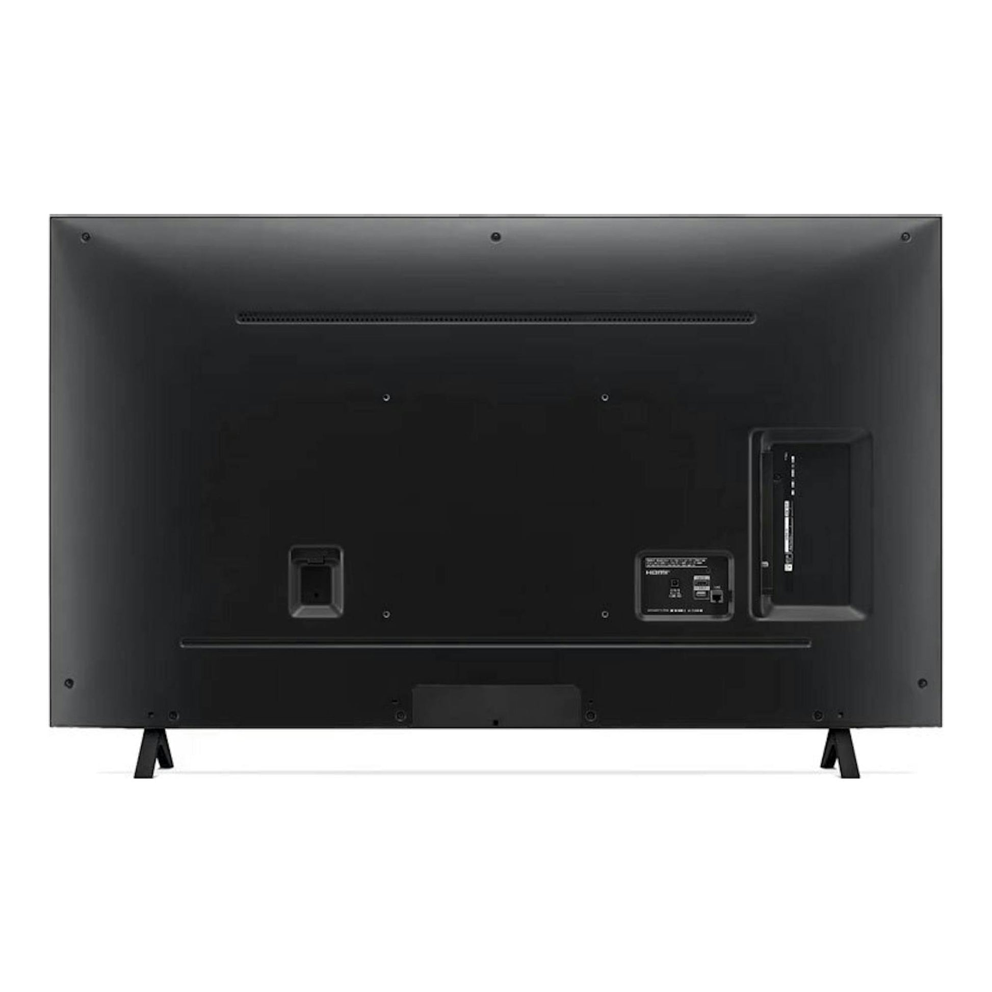 Parte trasera de un televisor LG 50NANO82T6B negro, con patas laterales y conexiones visibles.