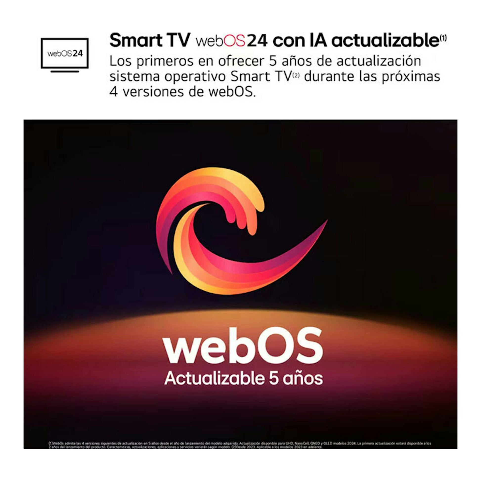 LG 50NANO82T6B, gráfico promocional de webOS 24 con fondo negro y logotipo multicolor.