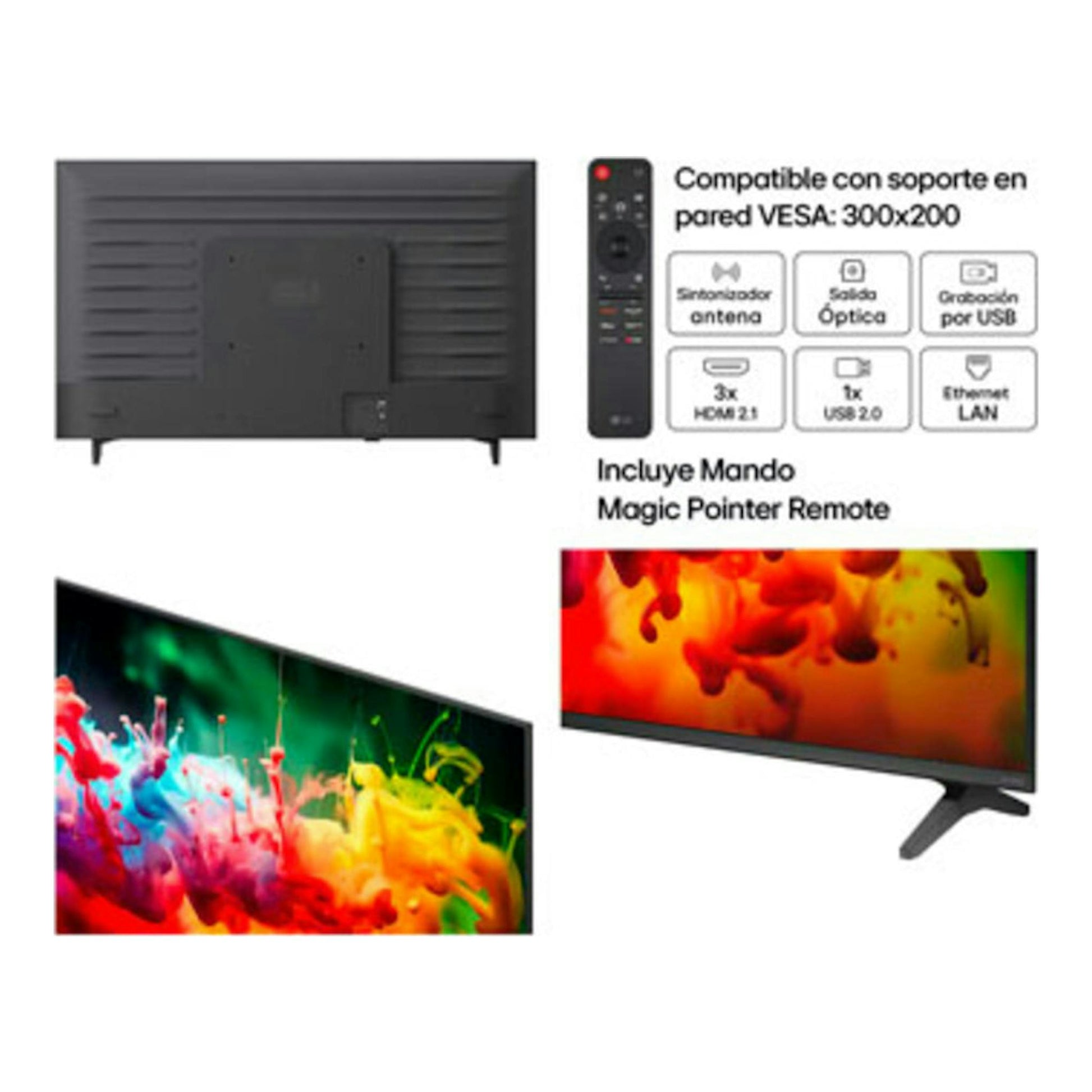 Televisor LG 50QNED70B6C.AEU negro, vista trasera y frontal en ángulo, con mando y puertos