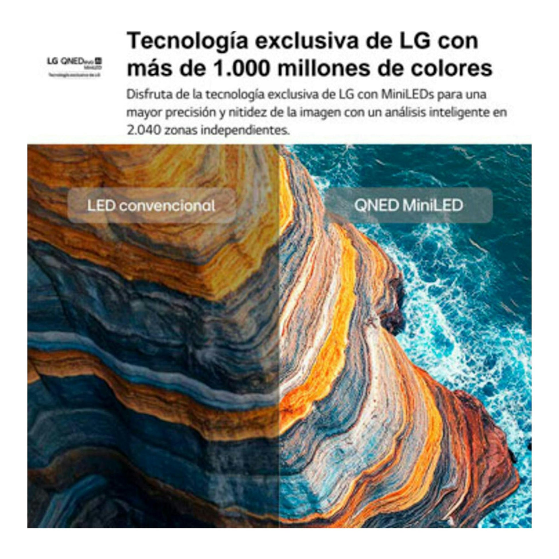 Gráfico de LG QNED MiniLED con imagen dividida: LED convencional a la izquierda y QNED MiniLED a la derecha.