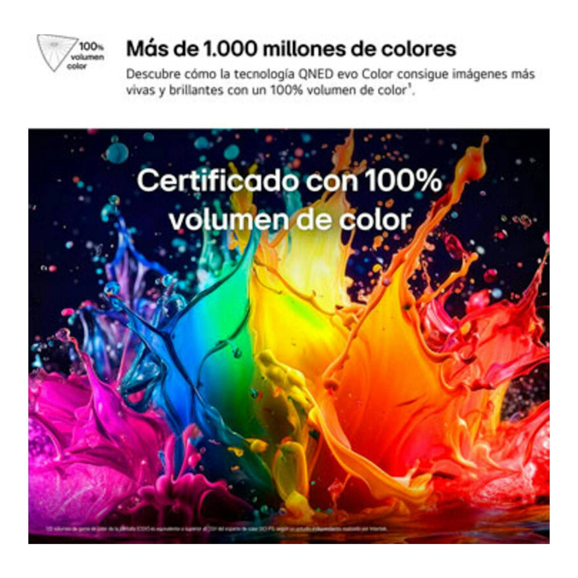 Imagen promocional de LG QNED evo con fondo negro, texto sobre volumen de color y salpicaduras multicolor.