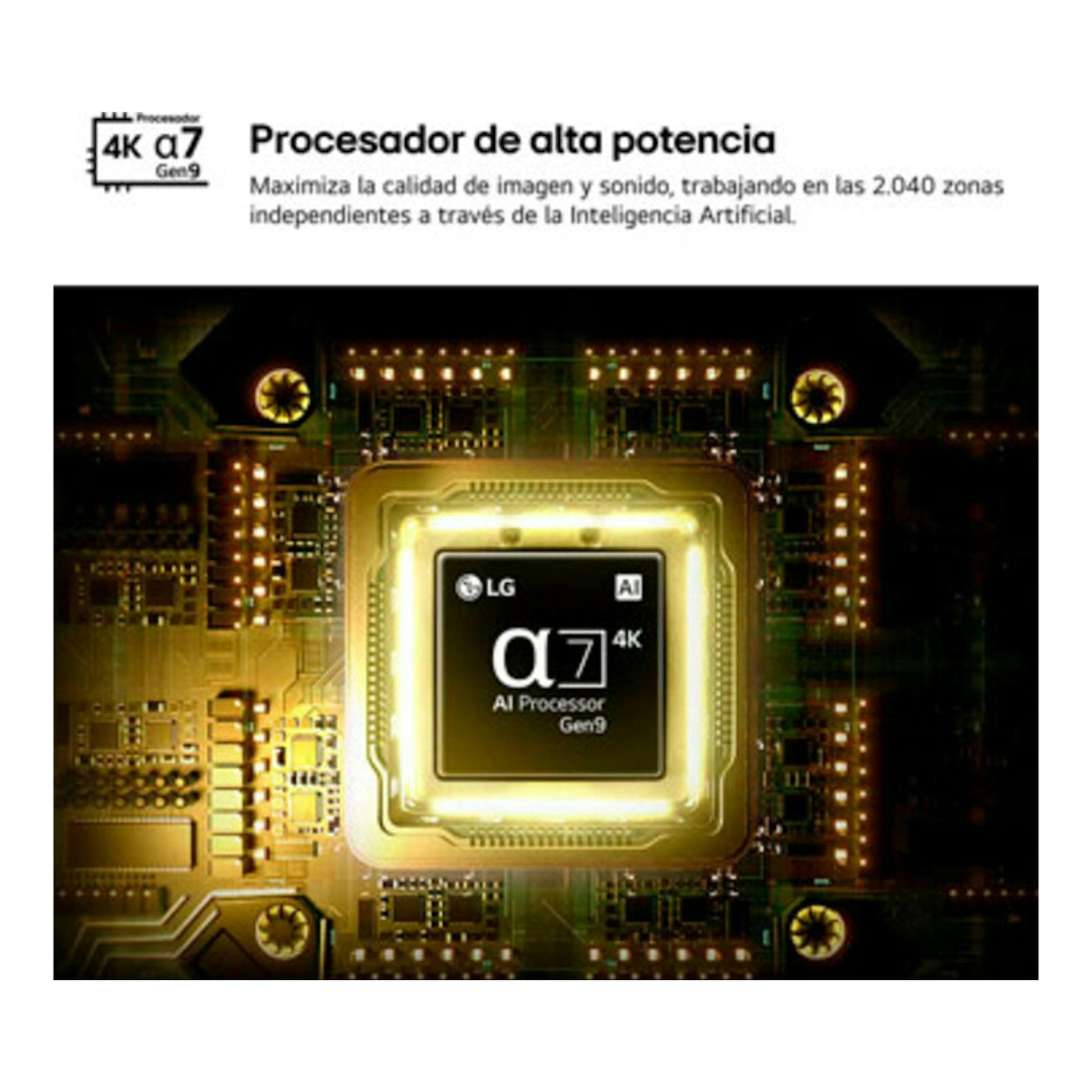 Gráfico de LG con el procesador α7 4K Gen9 sobre una placa electrónica, vista frontal.