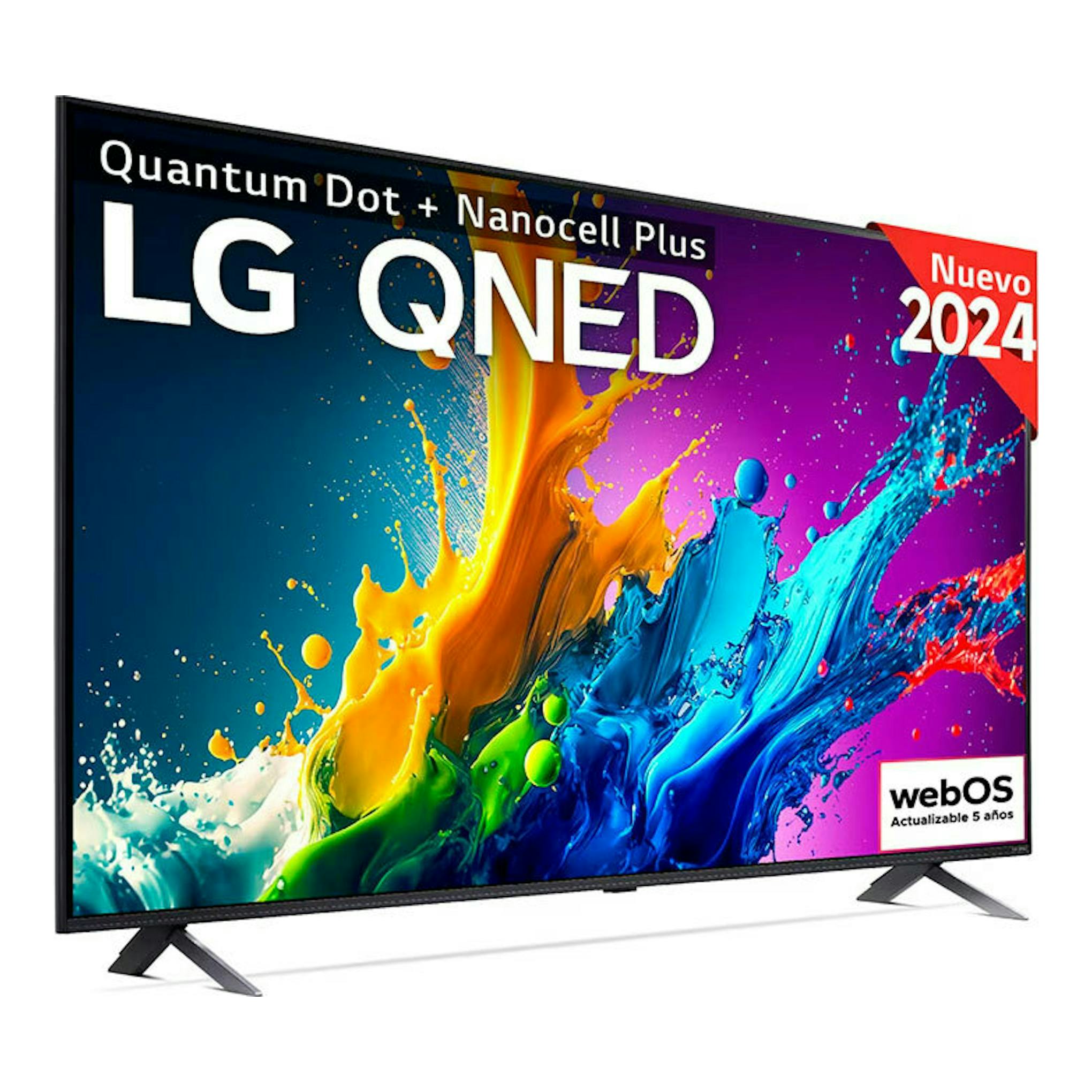 TV LG QNED 2024, vista frontal en ángulo, marco negro, patas metálicas y pantalla con salpicaduras de color.
