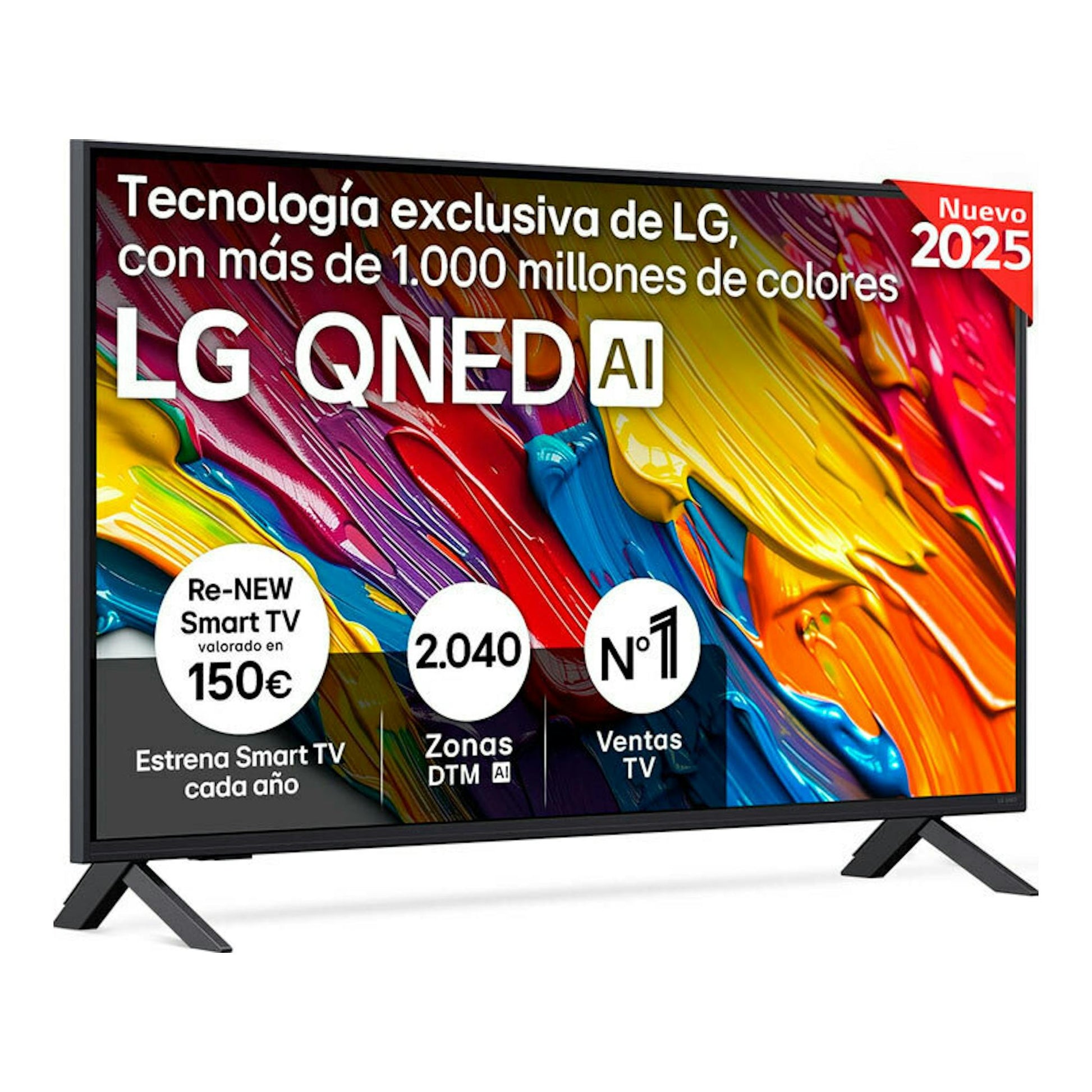 Televisor LG 50QNED82A6B QNED AI negro, vista frontal en ángulo, con patas laterales.