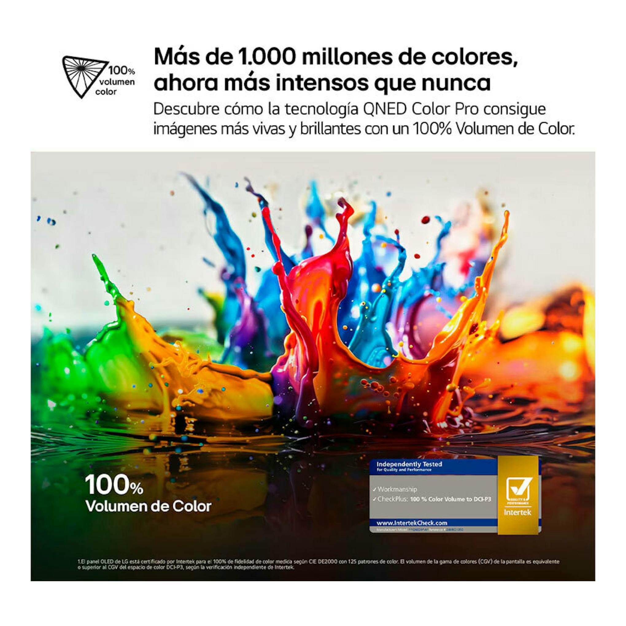 Anuncio de LG QNED 4K con salpicadura de pintura multicolor y textos sobre 100% volumen de color.