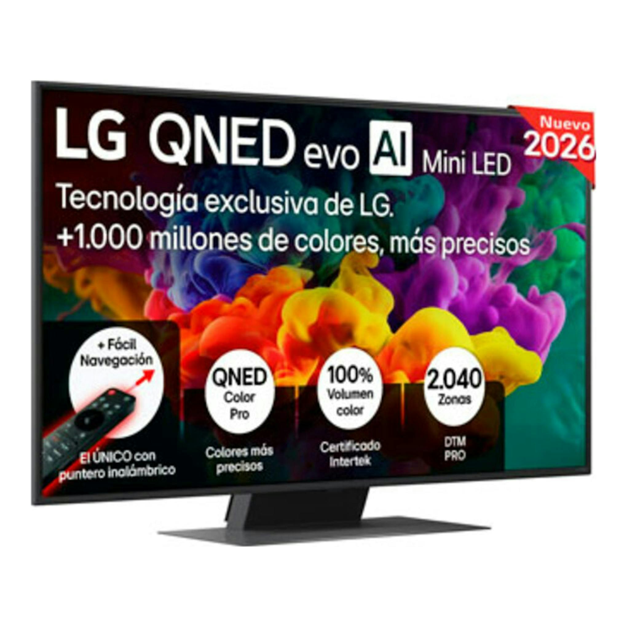 TV LG 50QNED86B6B QNED evo AI Mini LED, vista frontal en ángulo, pantalla negra con base central.