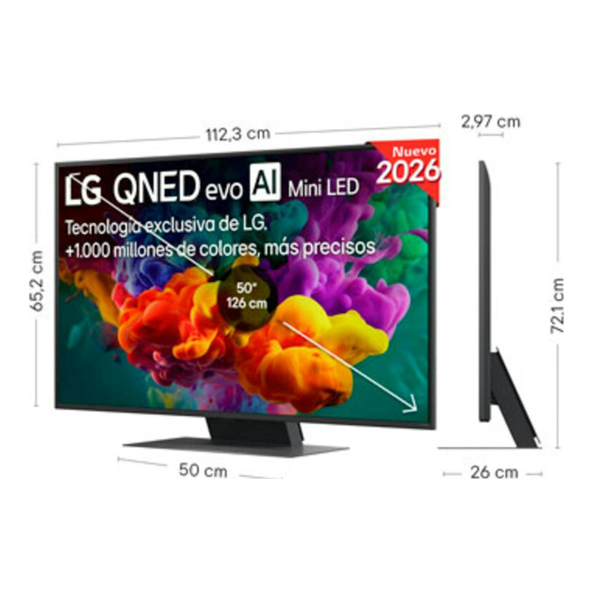 TV LG 50QNED86B6B, vista frontal y lateral, pantalla con colores, base negra y medidas.