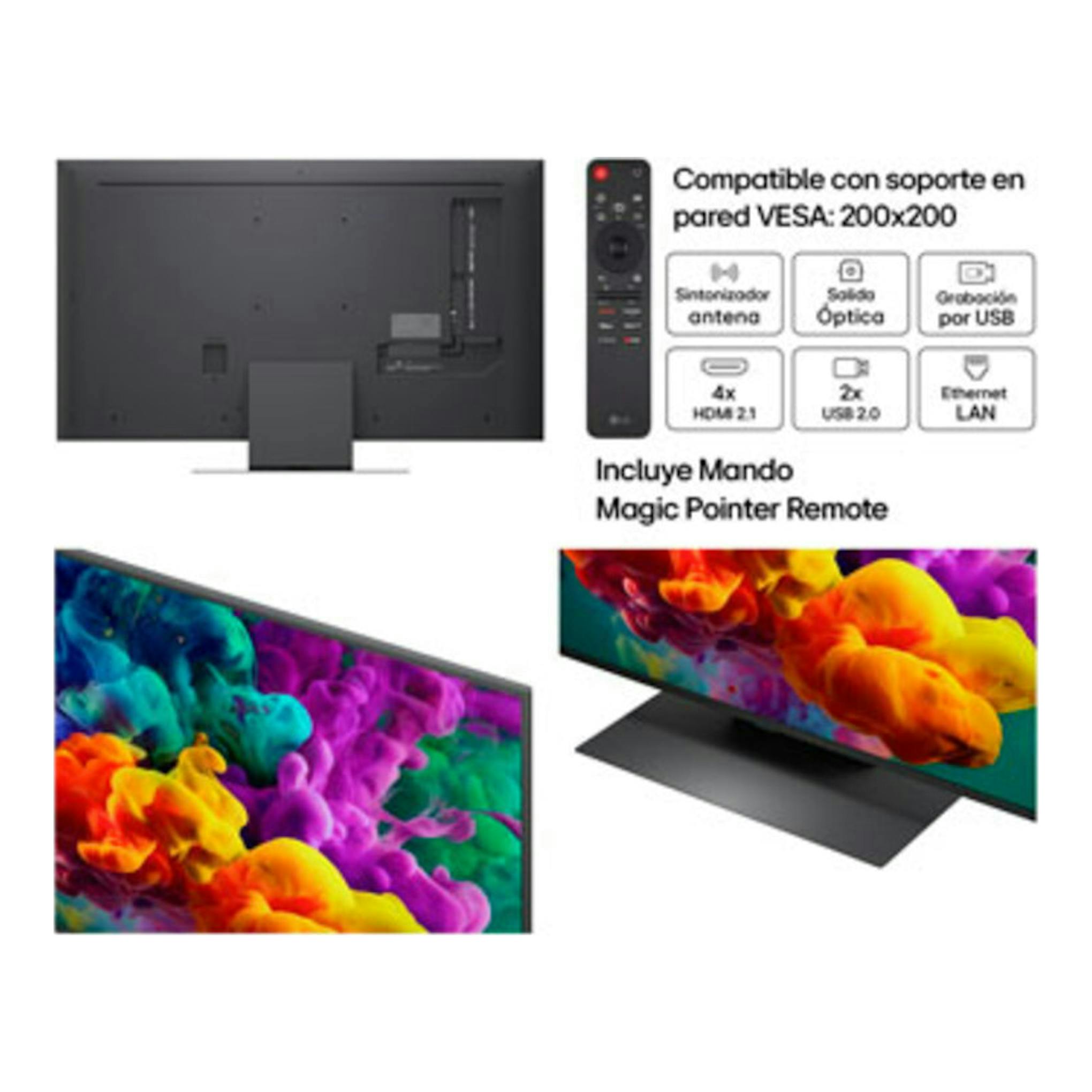 TV LG 50QNED86B6B negra, vista trasera y frontal, con mando y diagramas de puertos.