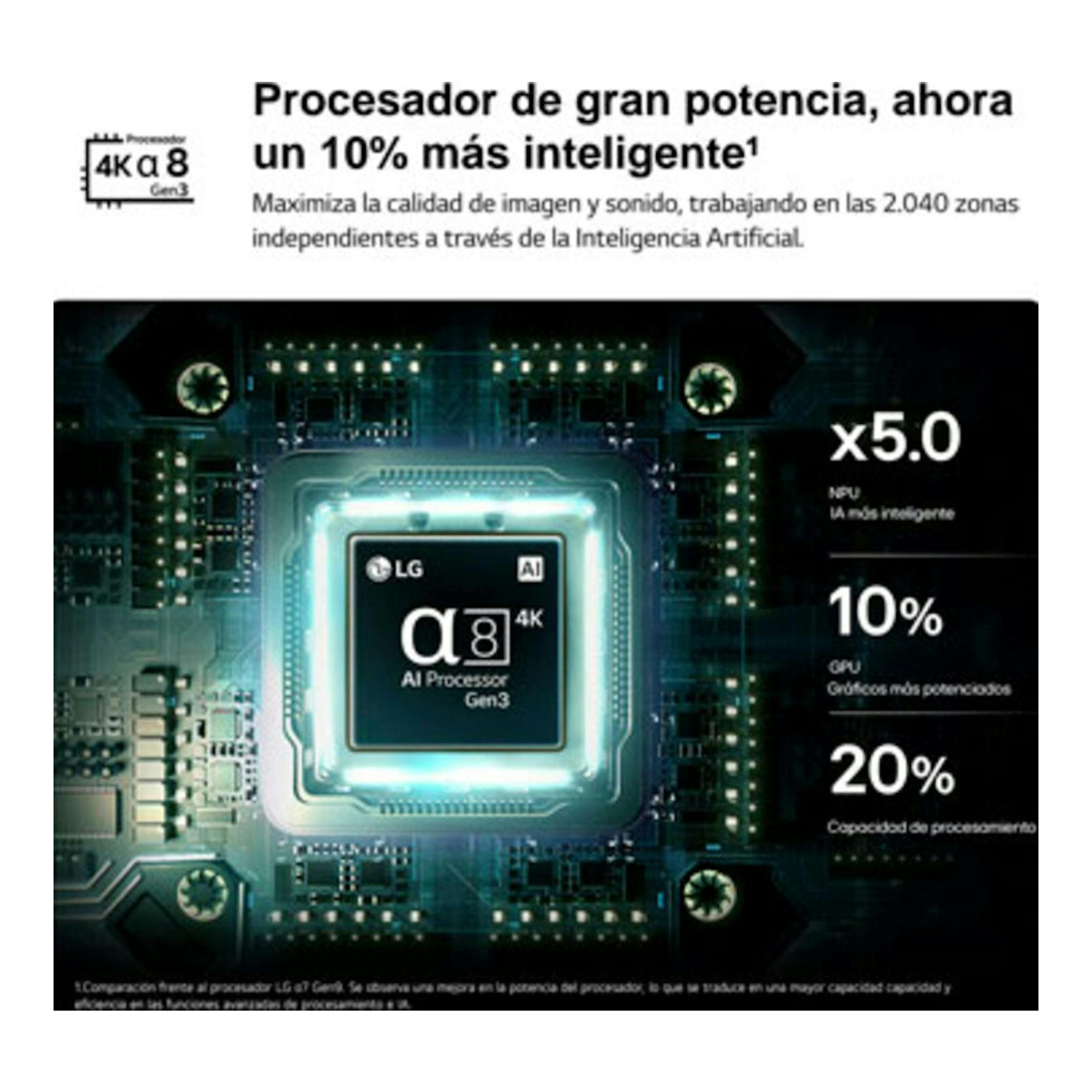 Gráfico promocional de LG con procesador α8 AI Gen3 sobre una placa electrónica y textos informativos.