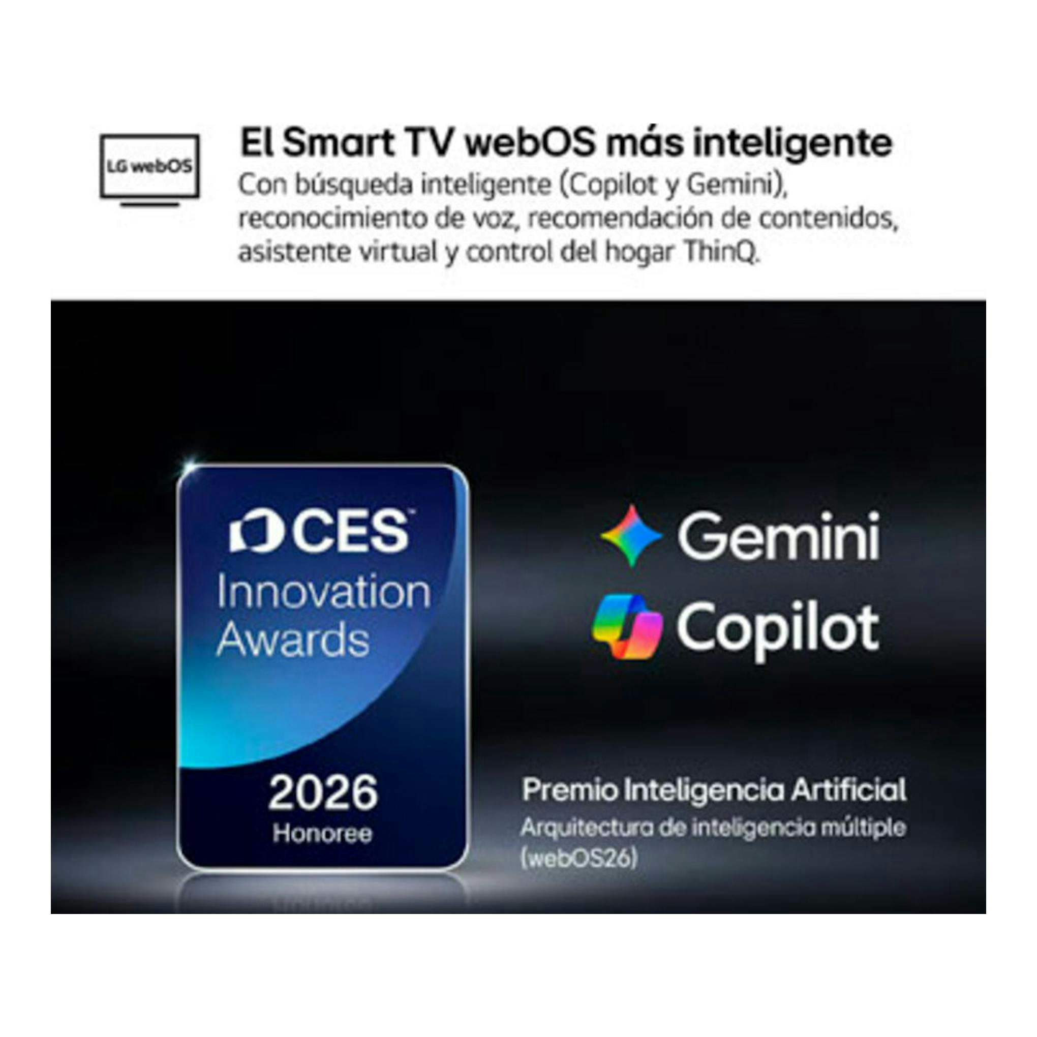 Gráfico promocional de LG webOS para Smart TV, con logos de Gemini, Copilot y premio CES 2026.