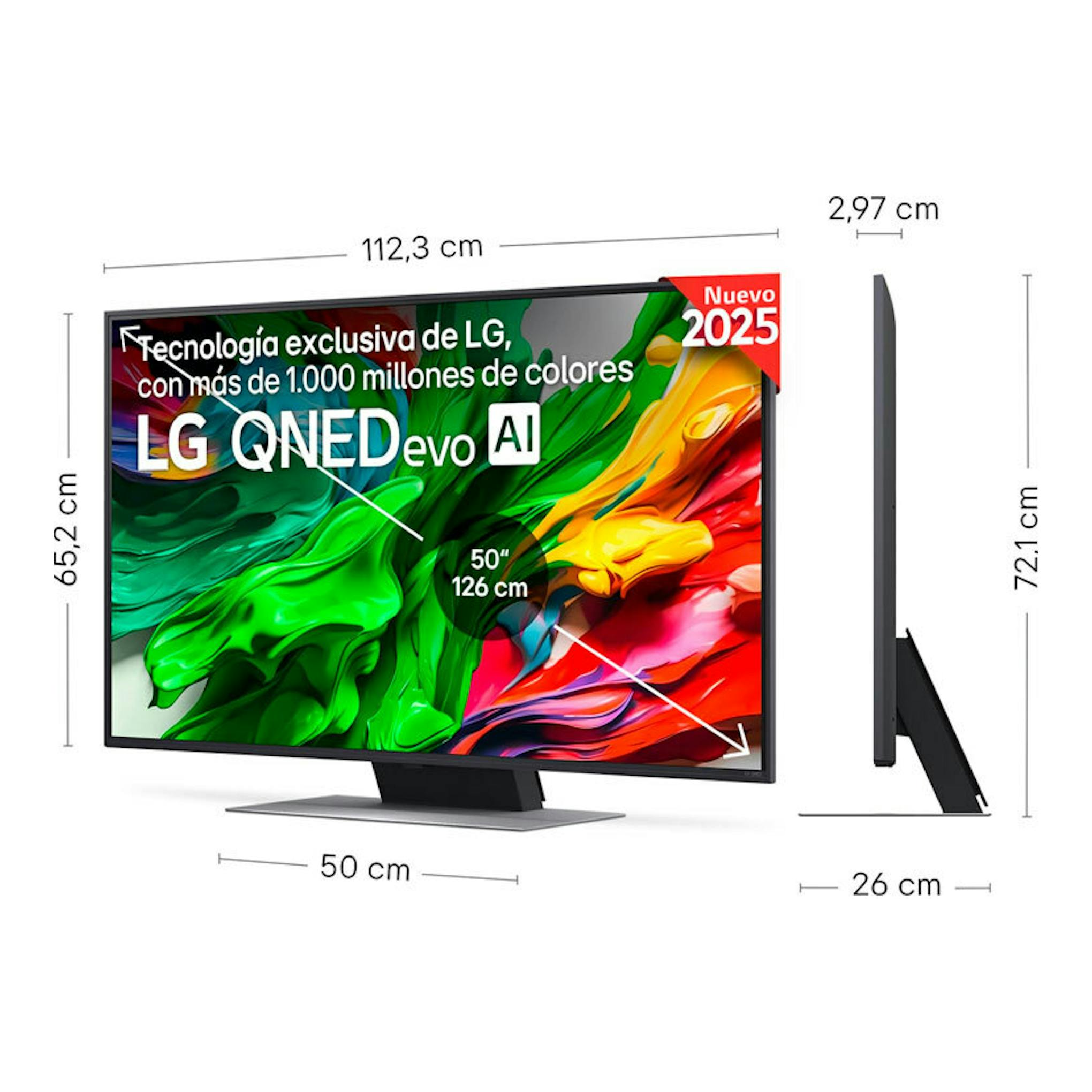 TV LG 50QNED87A6D QNED 4K de 50”, vista frontal y lateral, pantalla multicolor y base negra.