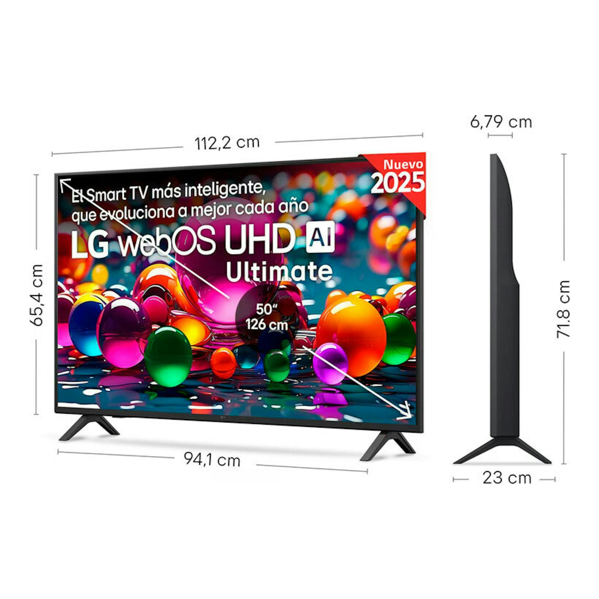 Televisor LG 50UA75006LA de 50 pulgadas, vista frontal y lateral, con soporte negro y pantalla UHD.