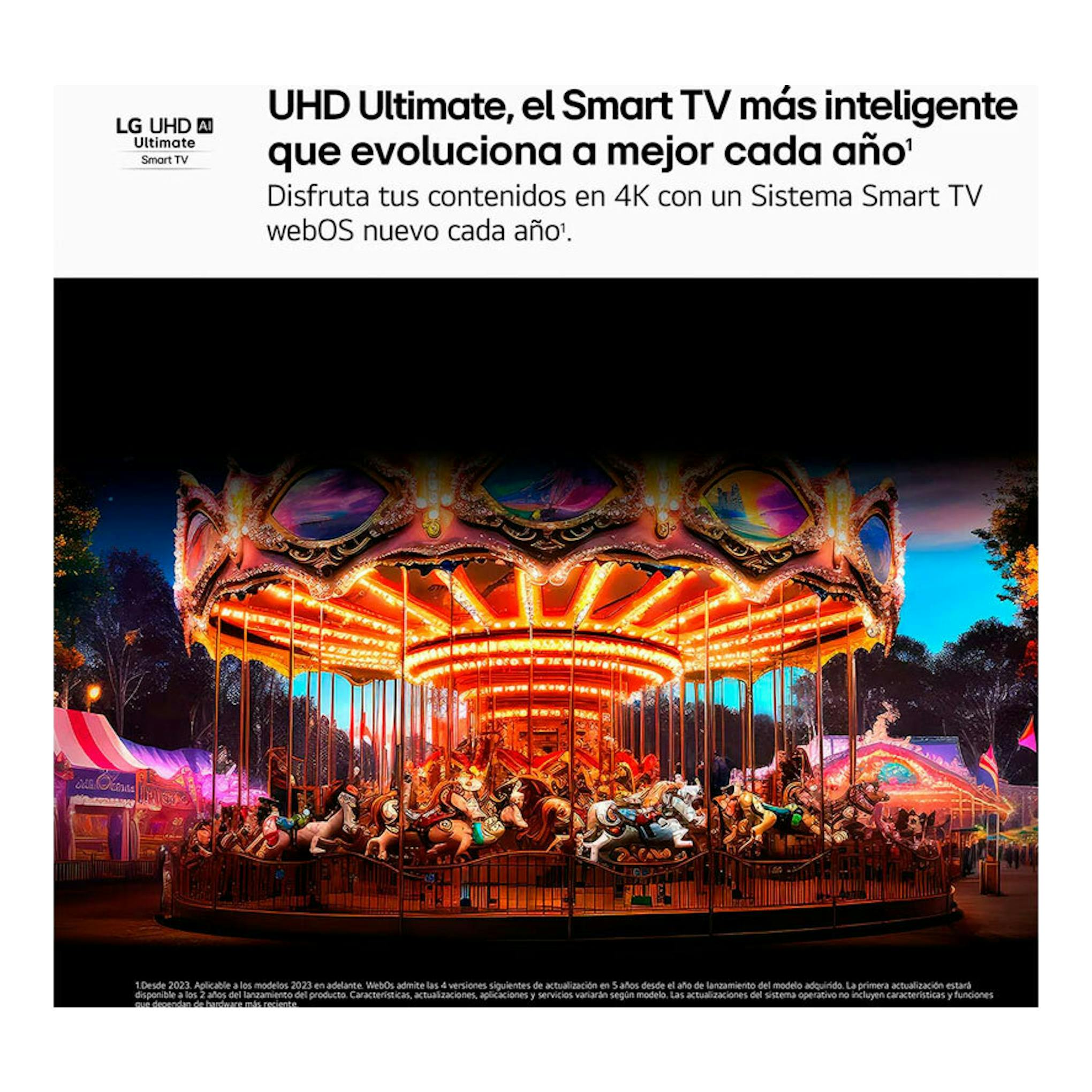 Anuncio frontal de televisor LG 50UA75006LA con texto UHD Ultimate y una imagen colorida de un carrusel.