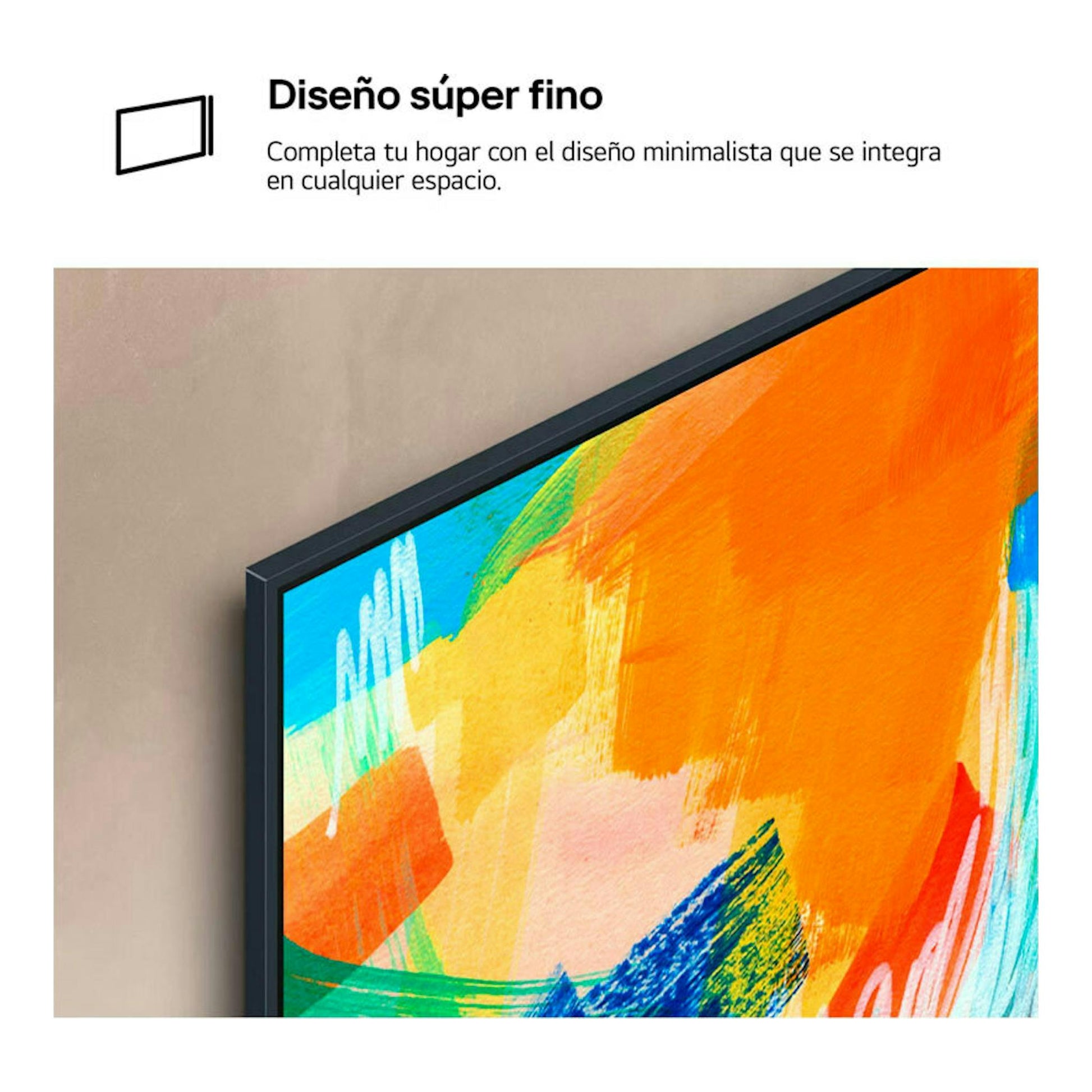 LG 50UT91006LA.AEU, TV negro en vista angulada, con marco fino y pantalla con imagen abstracta multicolor.