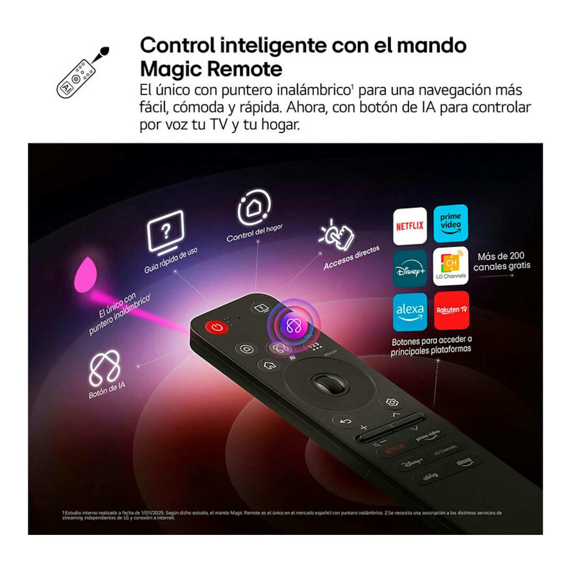Mando LG Magic Remote negro en vista diagonal sobre fondo morado con iconos de apps y control por voz.