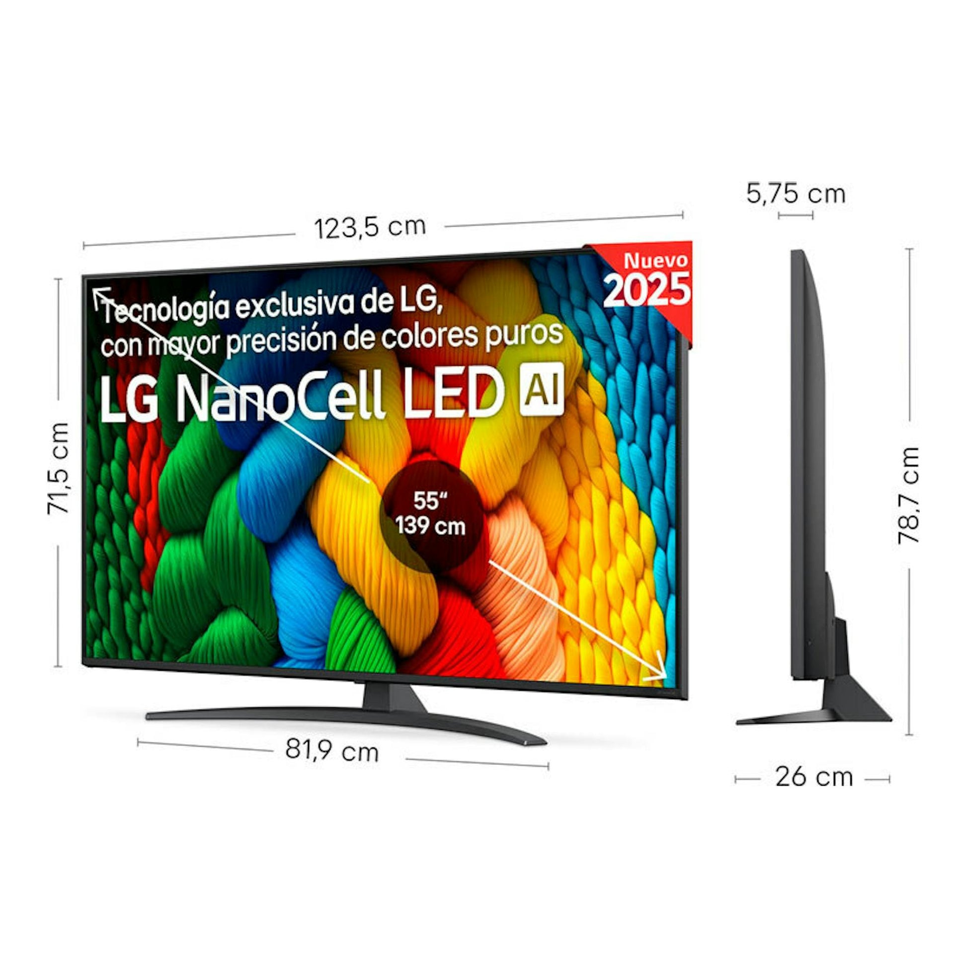 TV LG 55NANO81A6A NanoCell LED AI de 55”, vista frontal y lateral, en negro, con base.