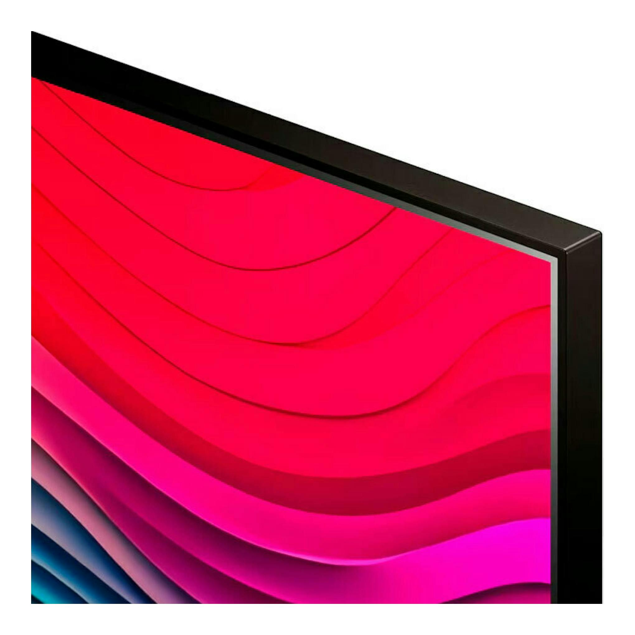 Televisor LG 55NANO82T6B, vista frontal parcial, marco negro y pantalla abstracta en tonos rosa, rojo y azul.