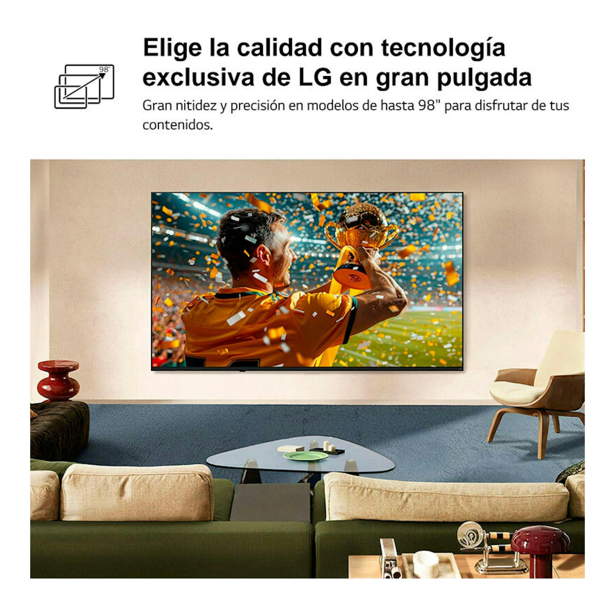 Televisor LG 55NU850B6LA.AEU montado en pared, mostrando una celebración deportiva en una sala de estar.