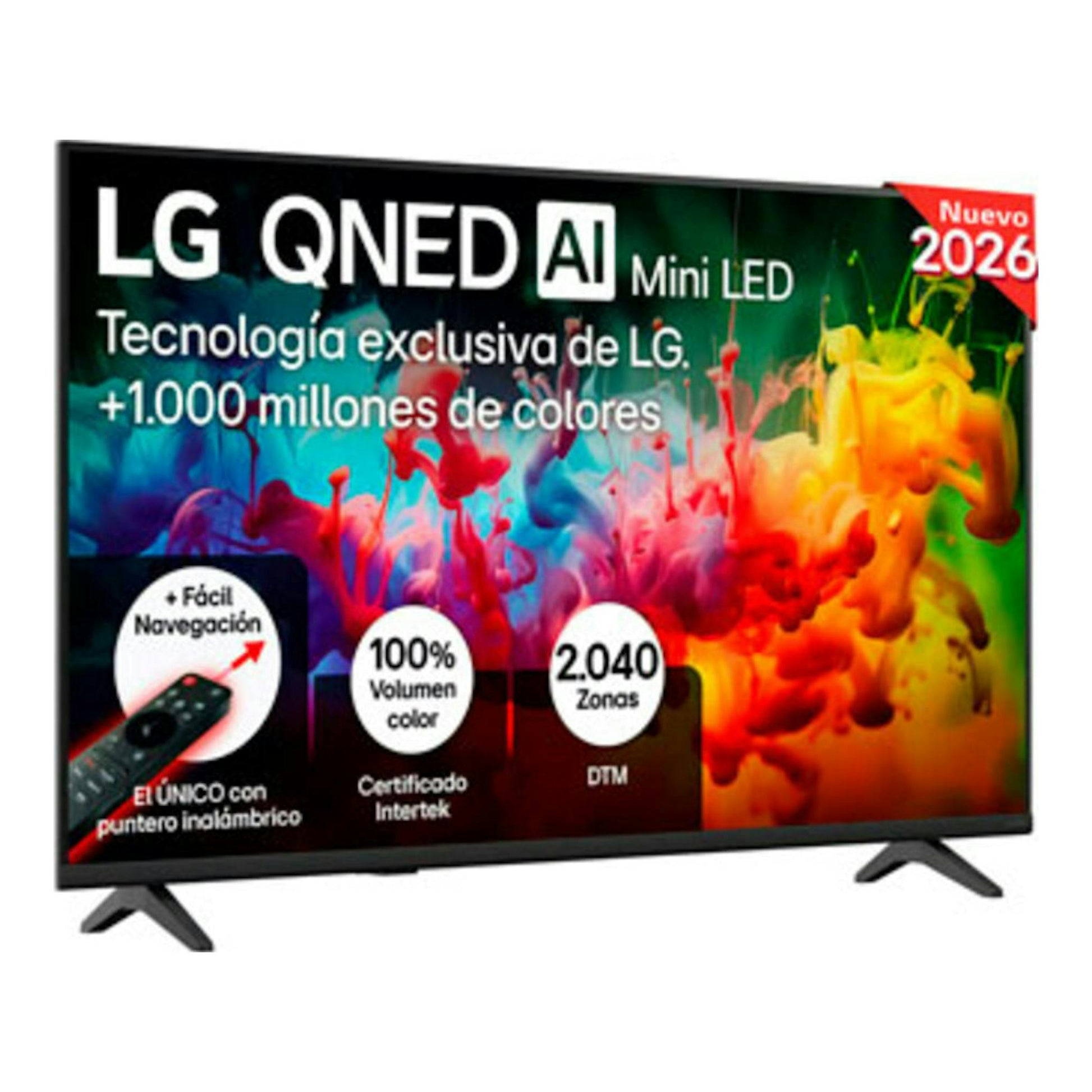 Televisor LG 55QNED70B6C.AEU, vista frontal en ángulo, negro, con peanas y pantalla con anuncio QNED AI.