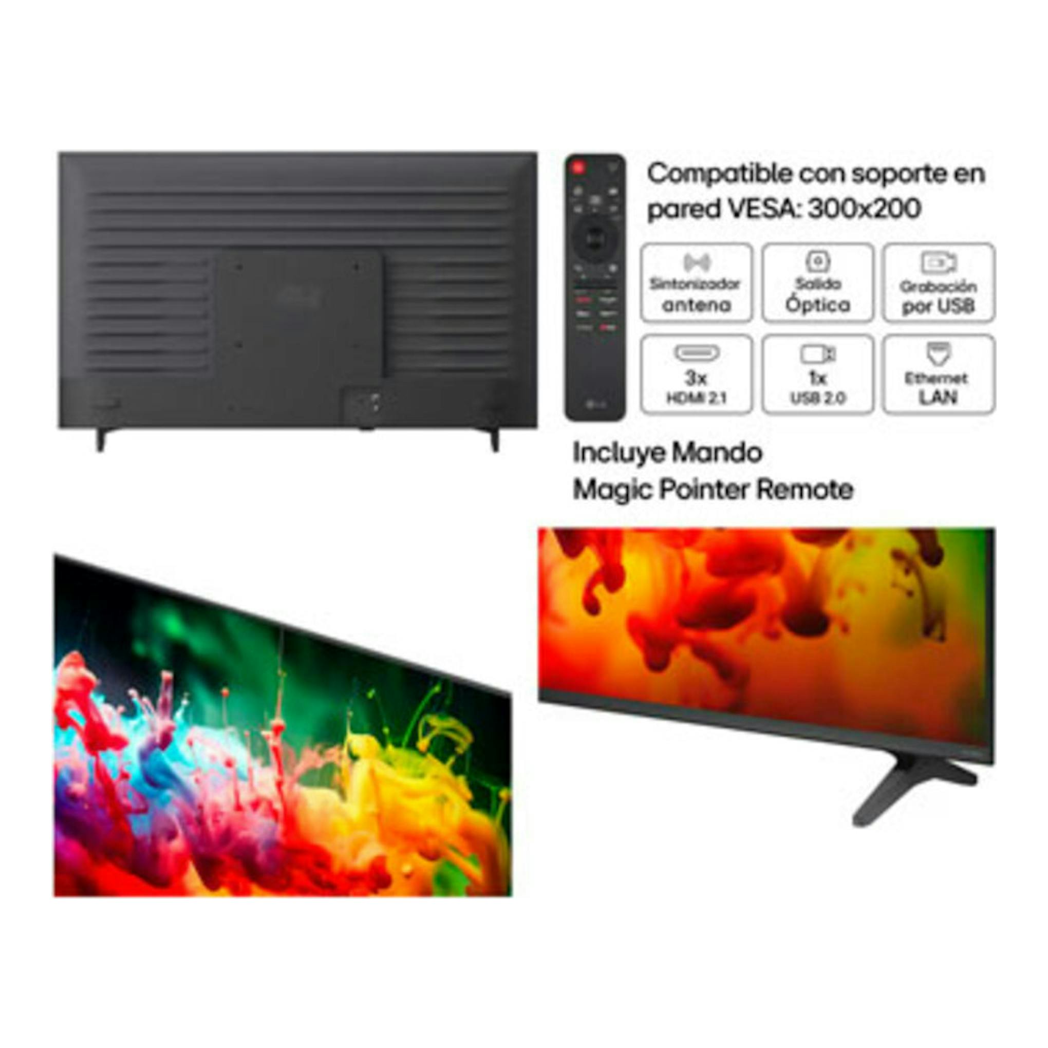 TV LG 55QNED70B6C.AEU negra, vista trasera y frontal, con mando y puertos indicados.
