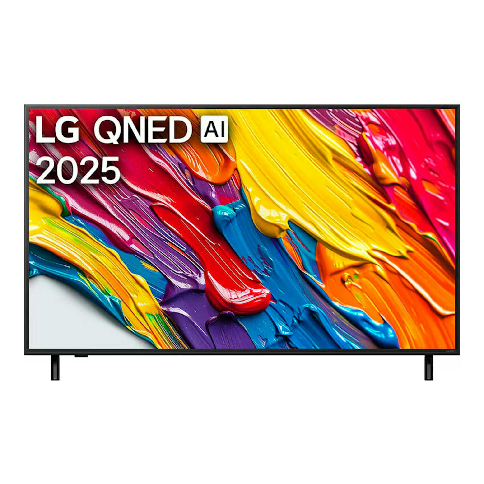 TV LG QNED 55QNED82A6B, vista frontal, marco negro y patas inferiores, con imagen multicolor.