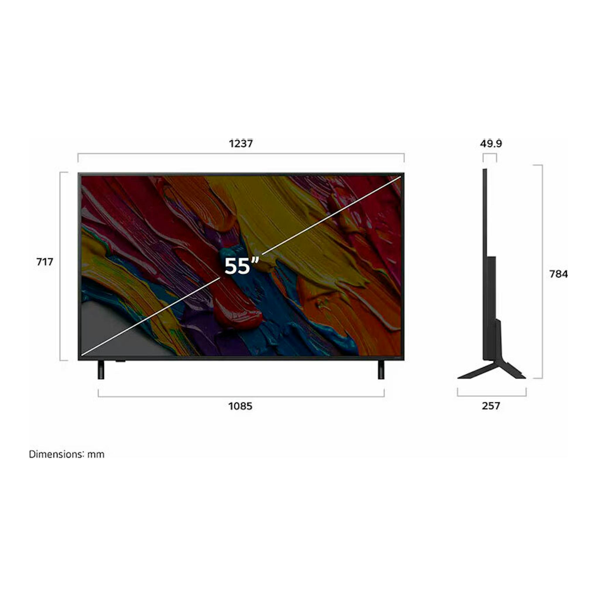 LG 55QNED82A6B, TV QNED 4K de 55", vista frontal y lateral en negro con medidas en mm.