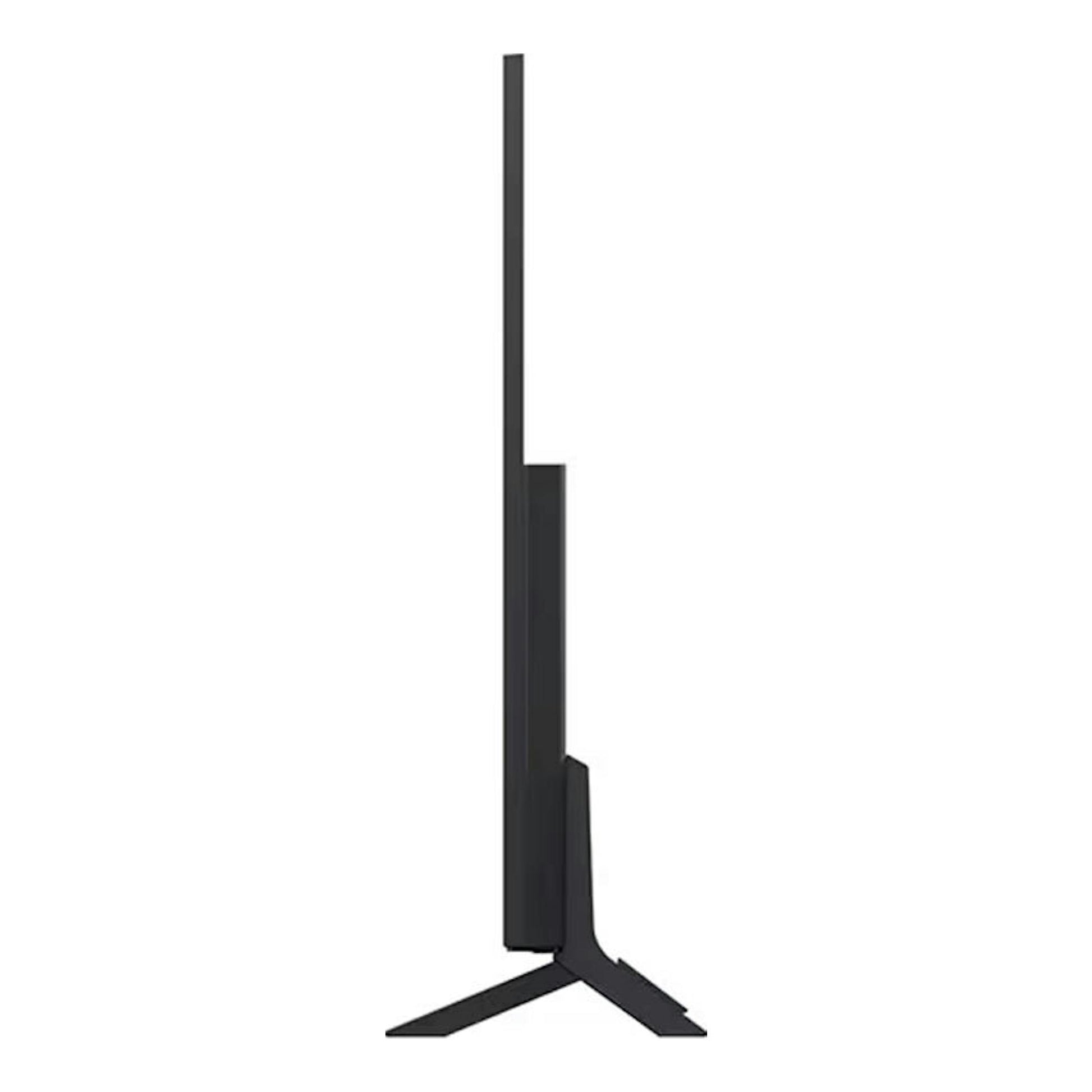 TV LG 55QNED82A6B QNED 4K de 55 pulgadas, vista lateral, color negro, sobre base en V.