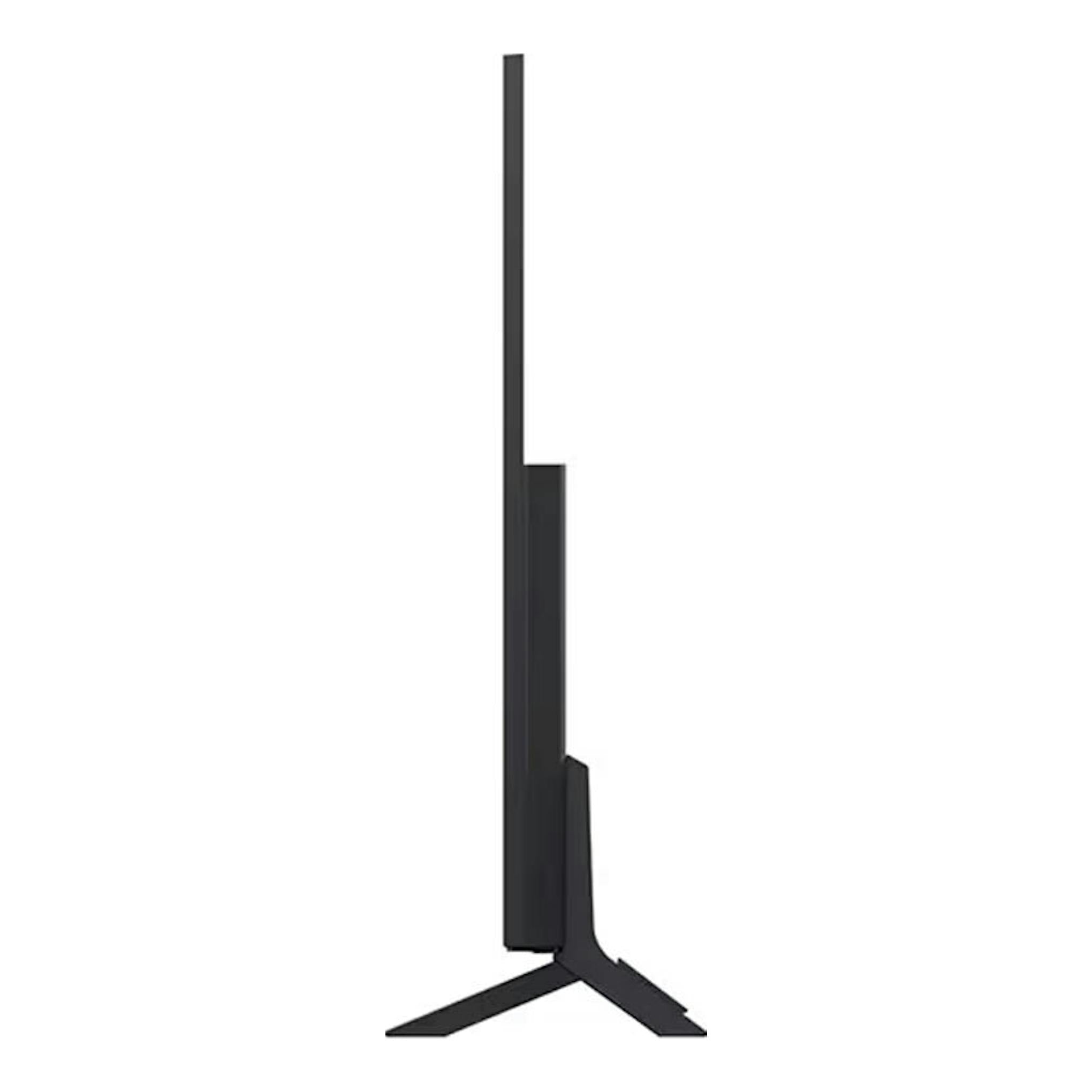TV LG 55QNED82A6B QNED 4K de 55 pulgadas, vista lateral, color negro, sobre base en V.