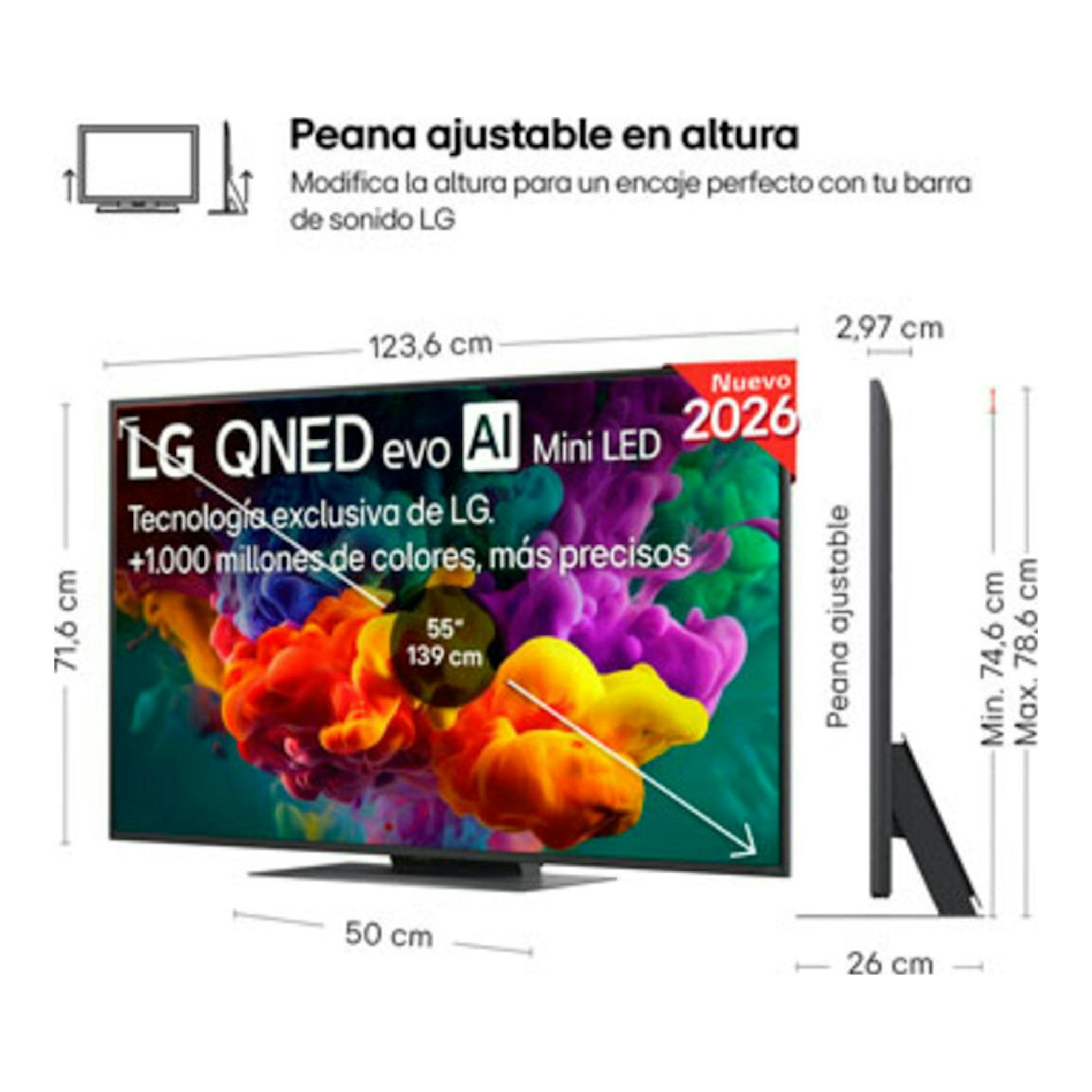 Televisor LG 55QNED86B6B QNED evo AI Mini LED, vista frontal y lateral, en negro, con peana ajustable.