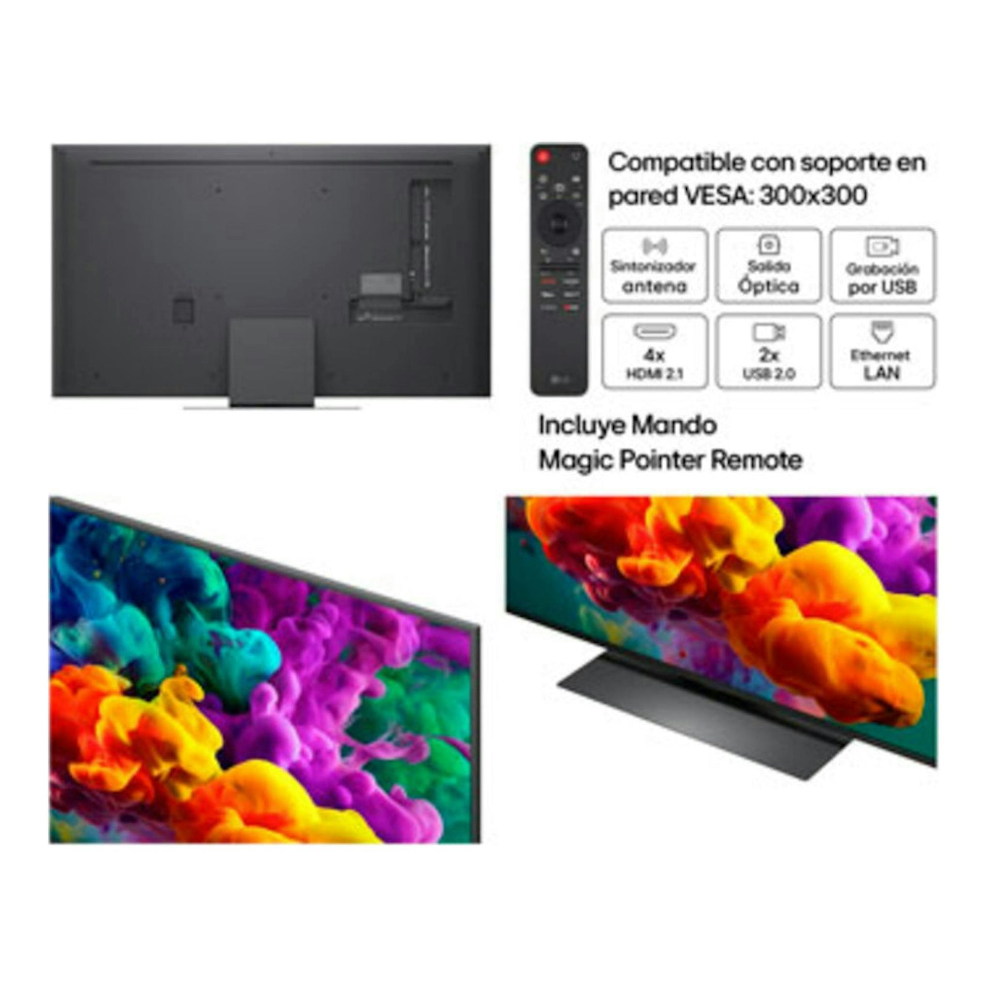 Televisor LG 55QNED86B6B negro, vistas trasera y frontal, con mando Magic Pointer y soporte VESA 300x300.