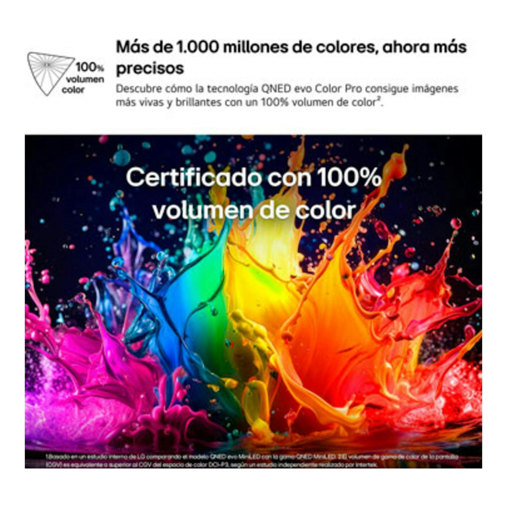 Gráfico promocional de televisor LG QNED evo con salpicaduras de color y texto sobre 100% volumen de color.