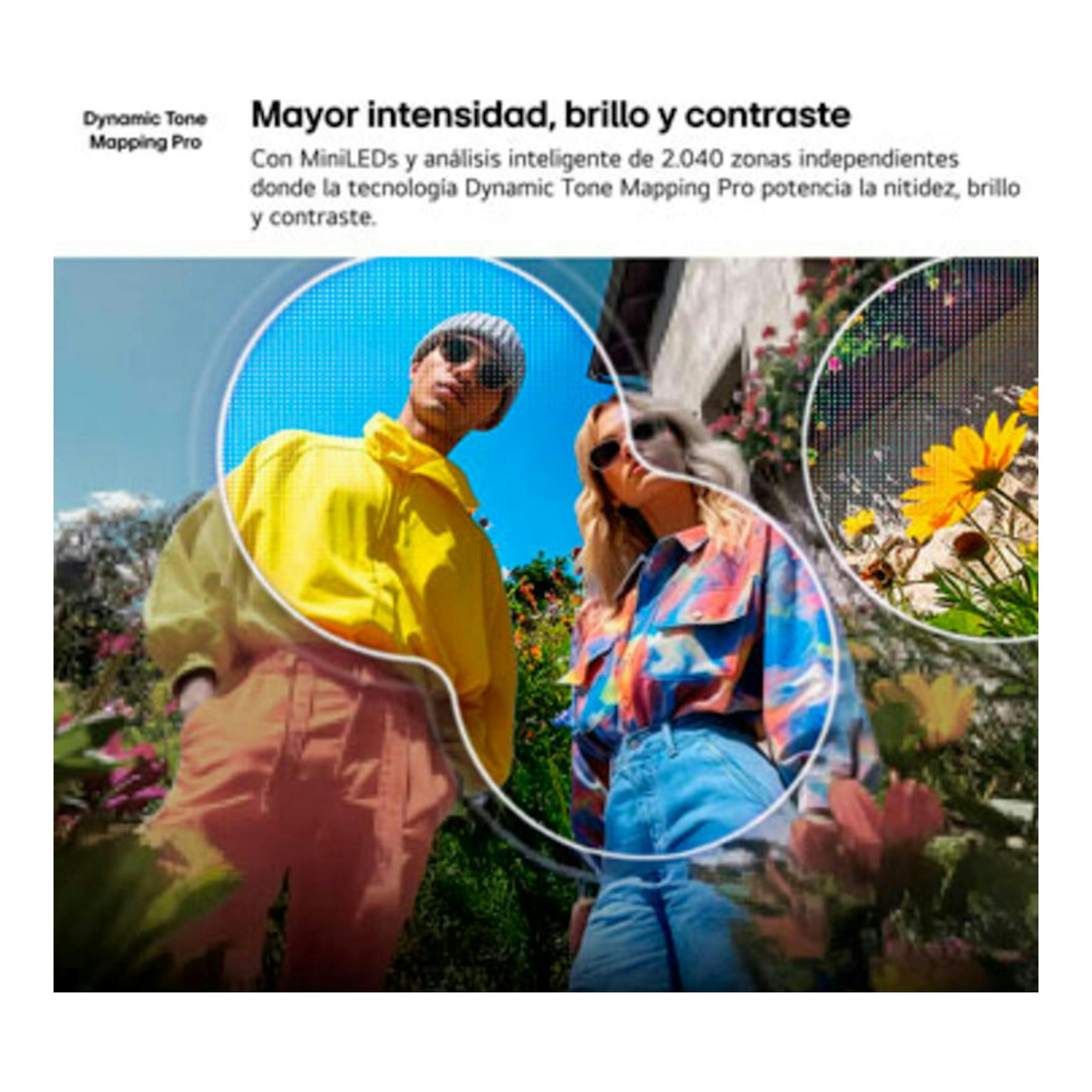 Imagen promocional de LG 55QNED86B6B con texto sobre MiniLED y escena colorida de dos personas.