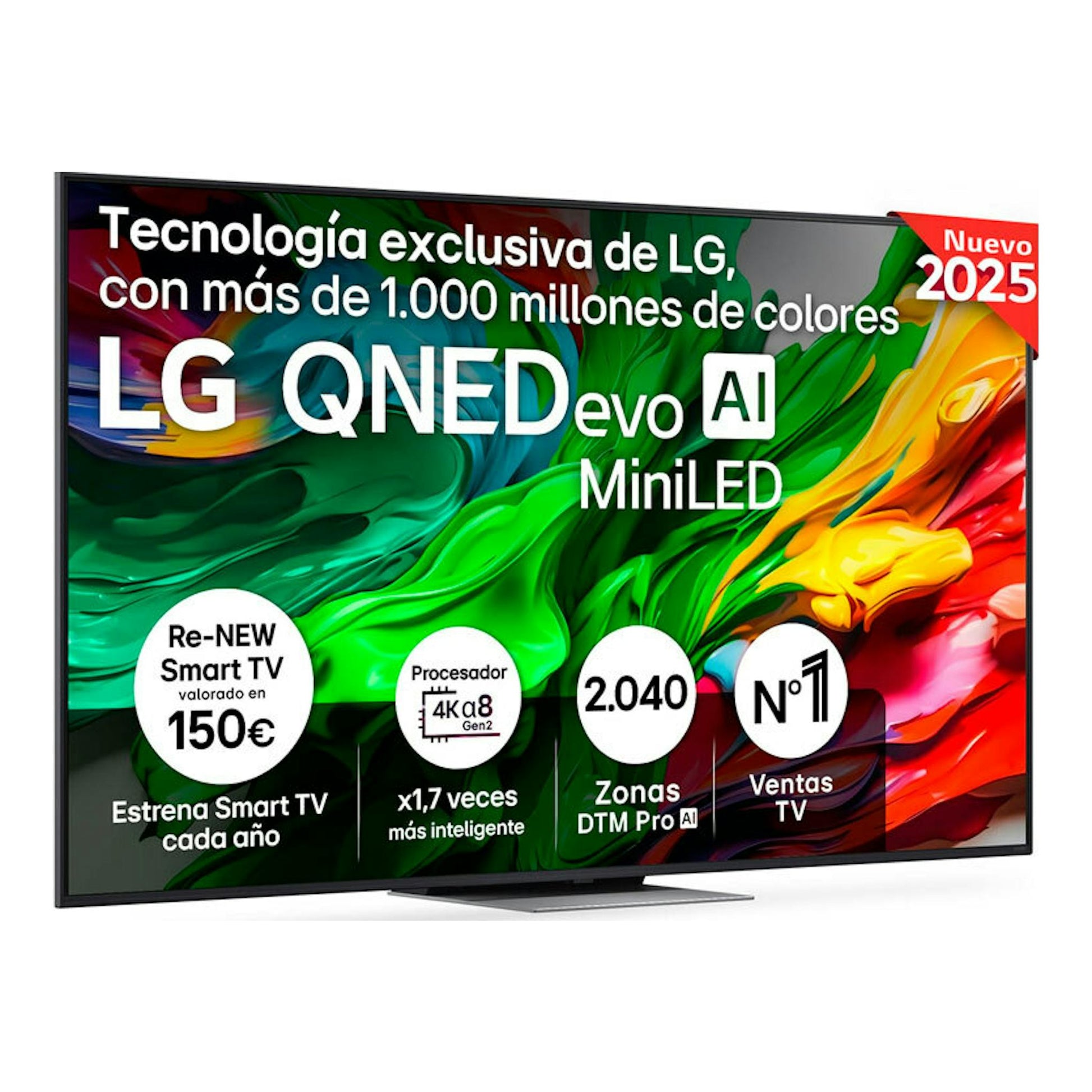 TV LG 55QNED87A6B QNED, vista frontal, pantalla con fondo multicolor y base central sobre fondo blanco.