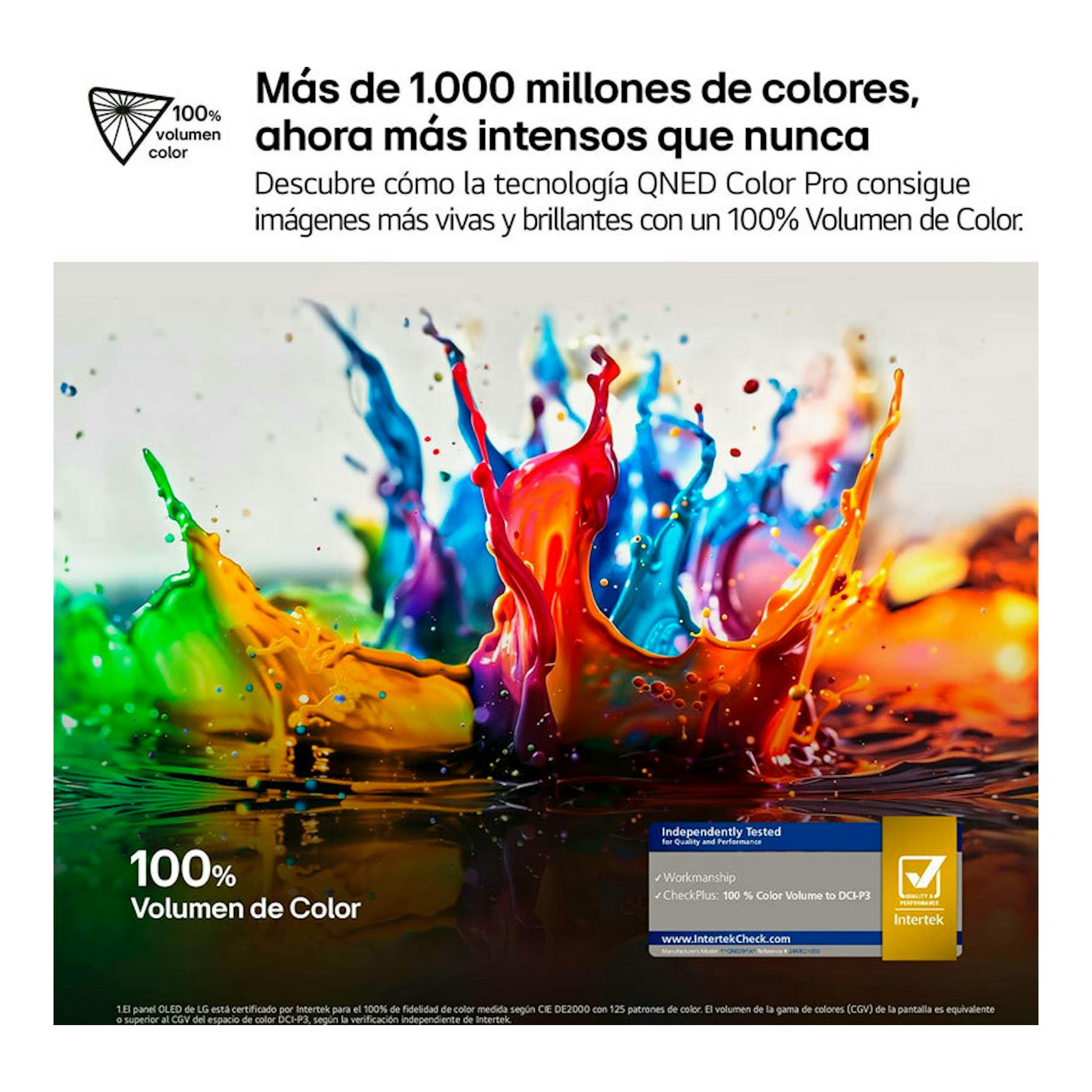 Anuncio frontal de LG QNED con salpicadura de pintura multicolor y texto «100% volumen de color».