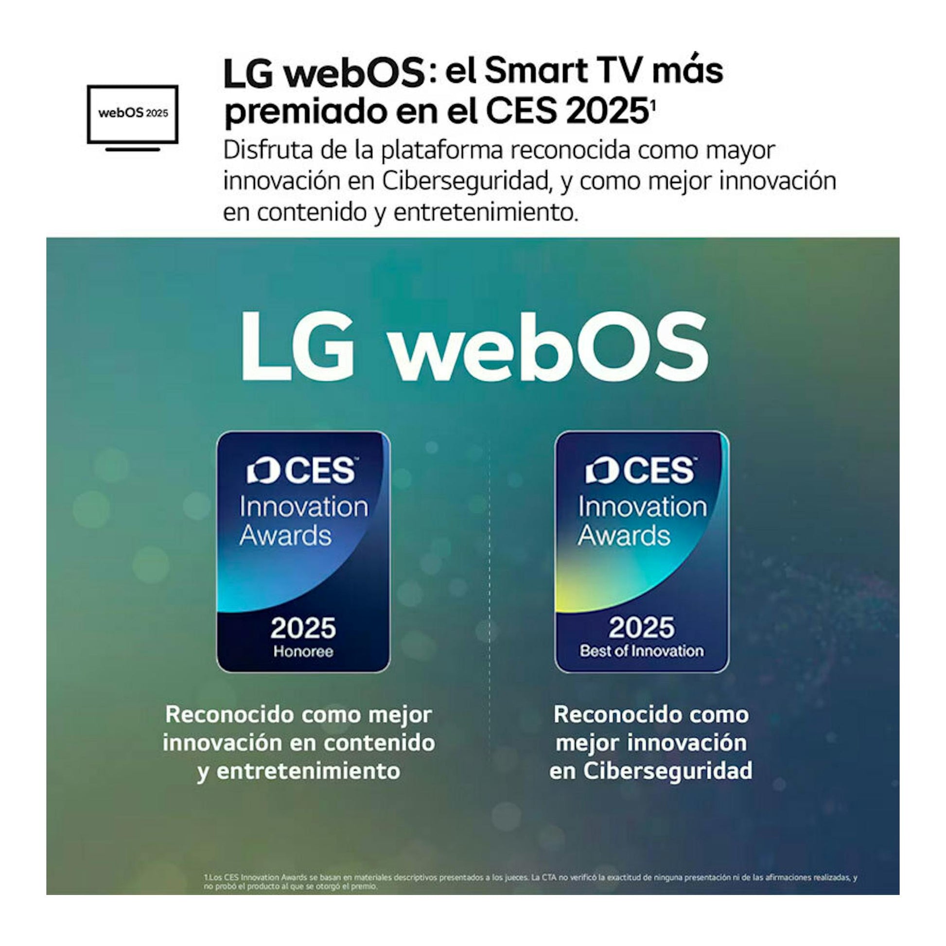 Gráfico promocional de LG webOS 2025, con dos premios CES Innovation Awards sobre fondo verde azulado.