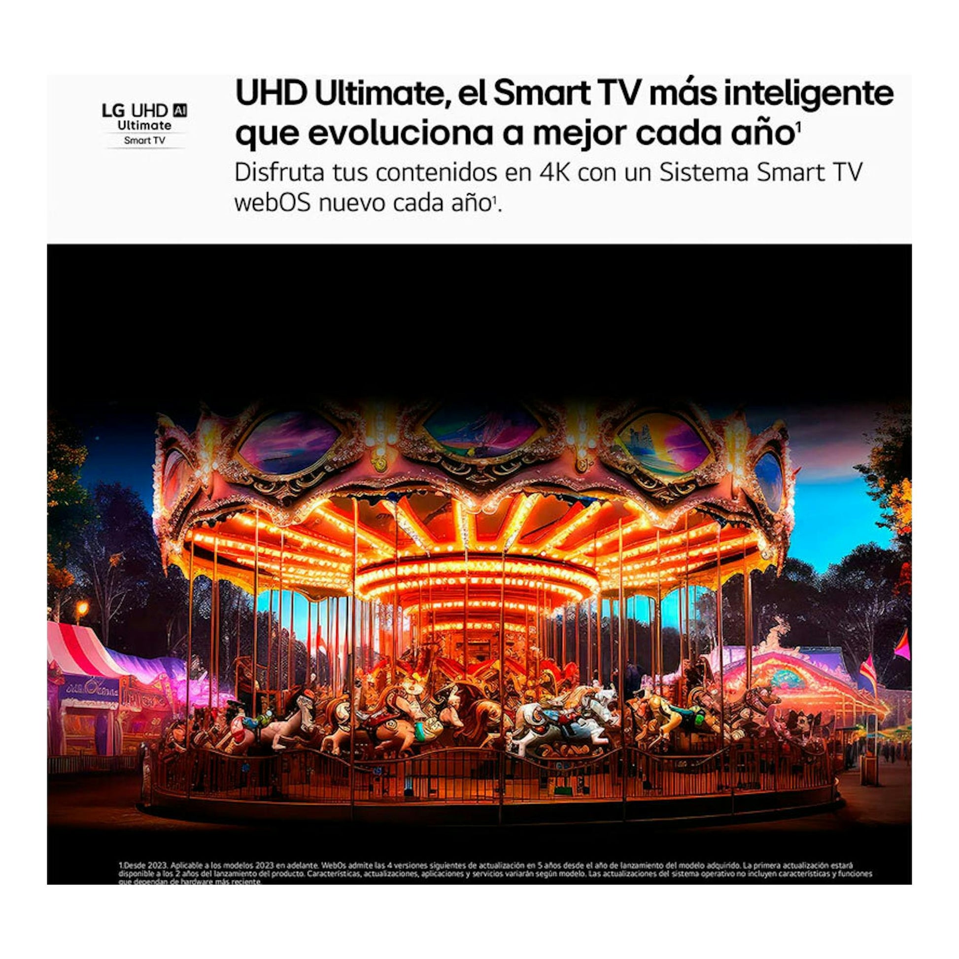 Cartel promocional de LG 55UA75006LA con Smart TV UHD y carrusel iluminado en pantalla.