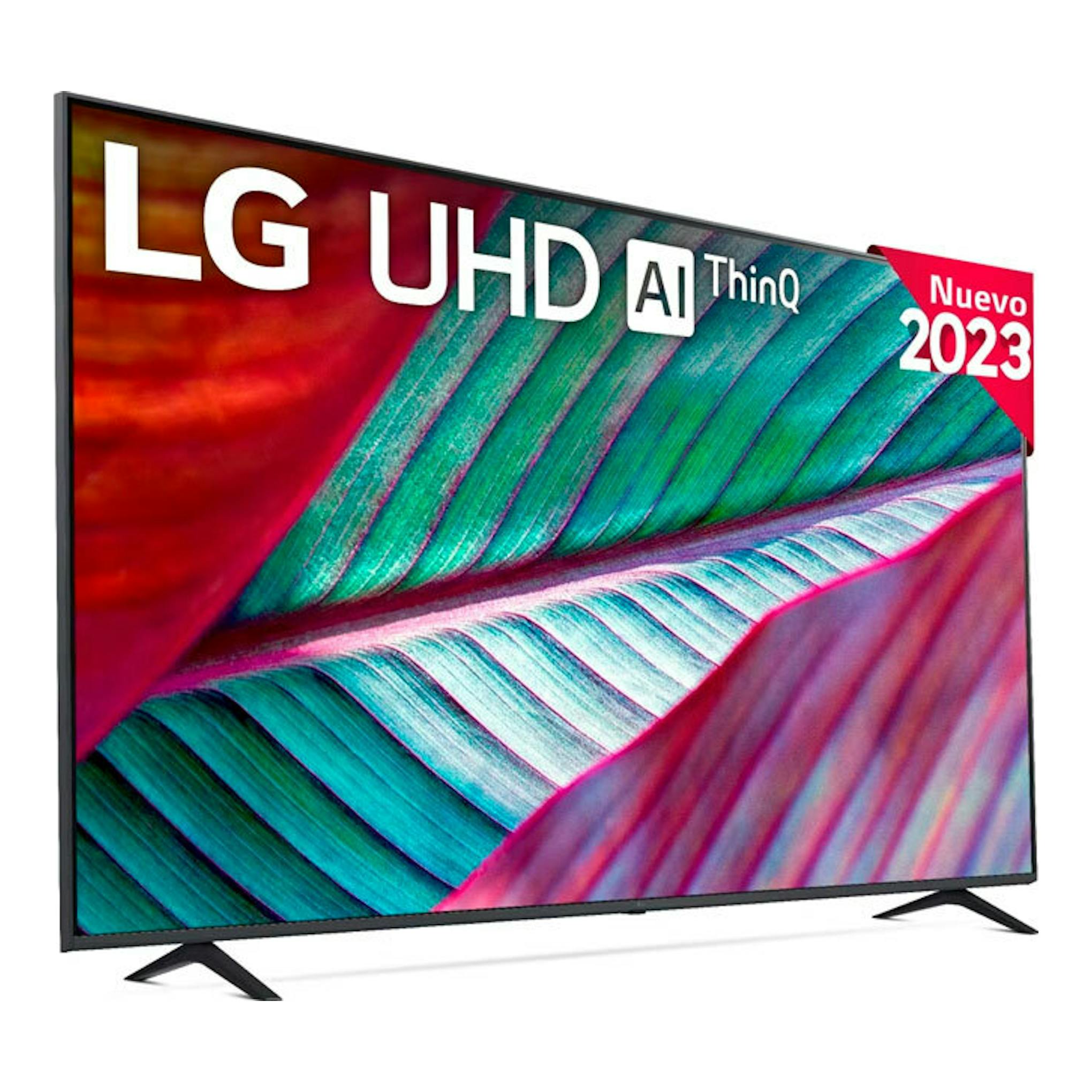 Televisor LG 55UR78006LK UHD AI ThinQ, vista frontal en ángulo, marco negro y pantalla multicolor.