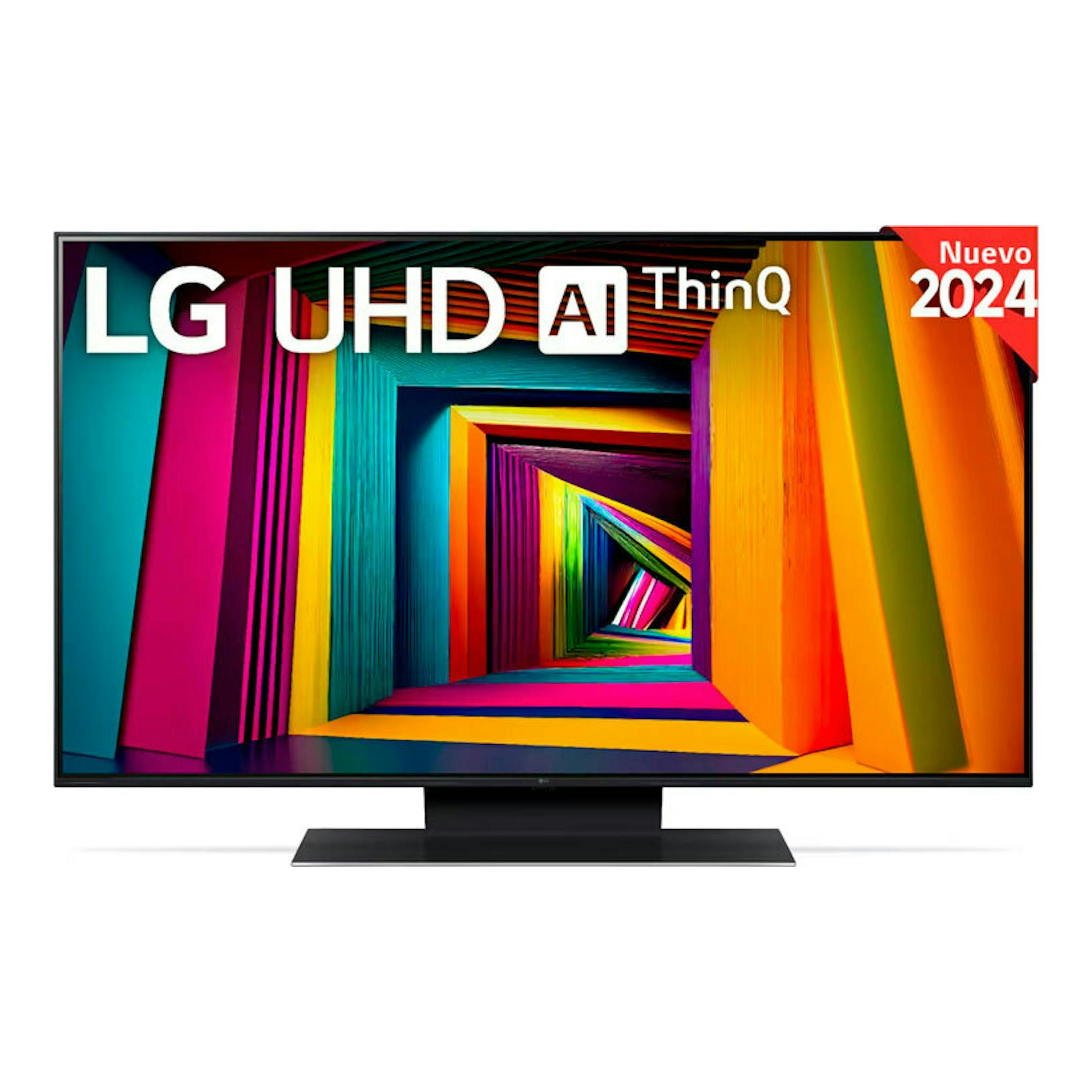 Televisor LG 55UT91006LA.AEU, vista frontal, pantalla multicolor y base central negra.