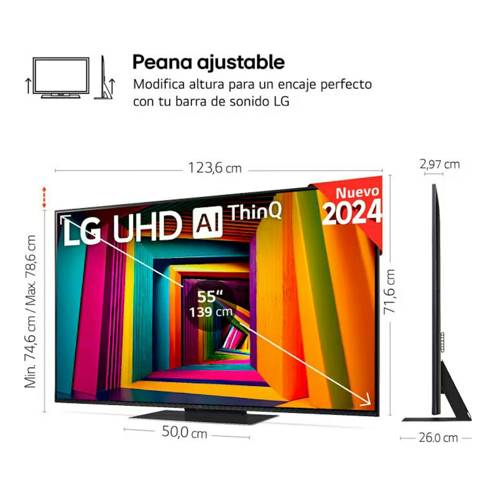 Infografía del televisor LG 55UT91006LA, 55", UHD AI ThinQ, con peana ajustable; vista frontal y lateral en negro.
