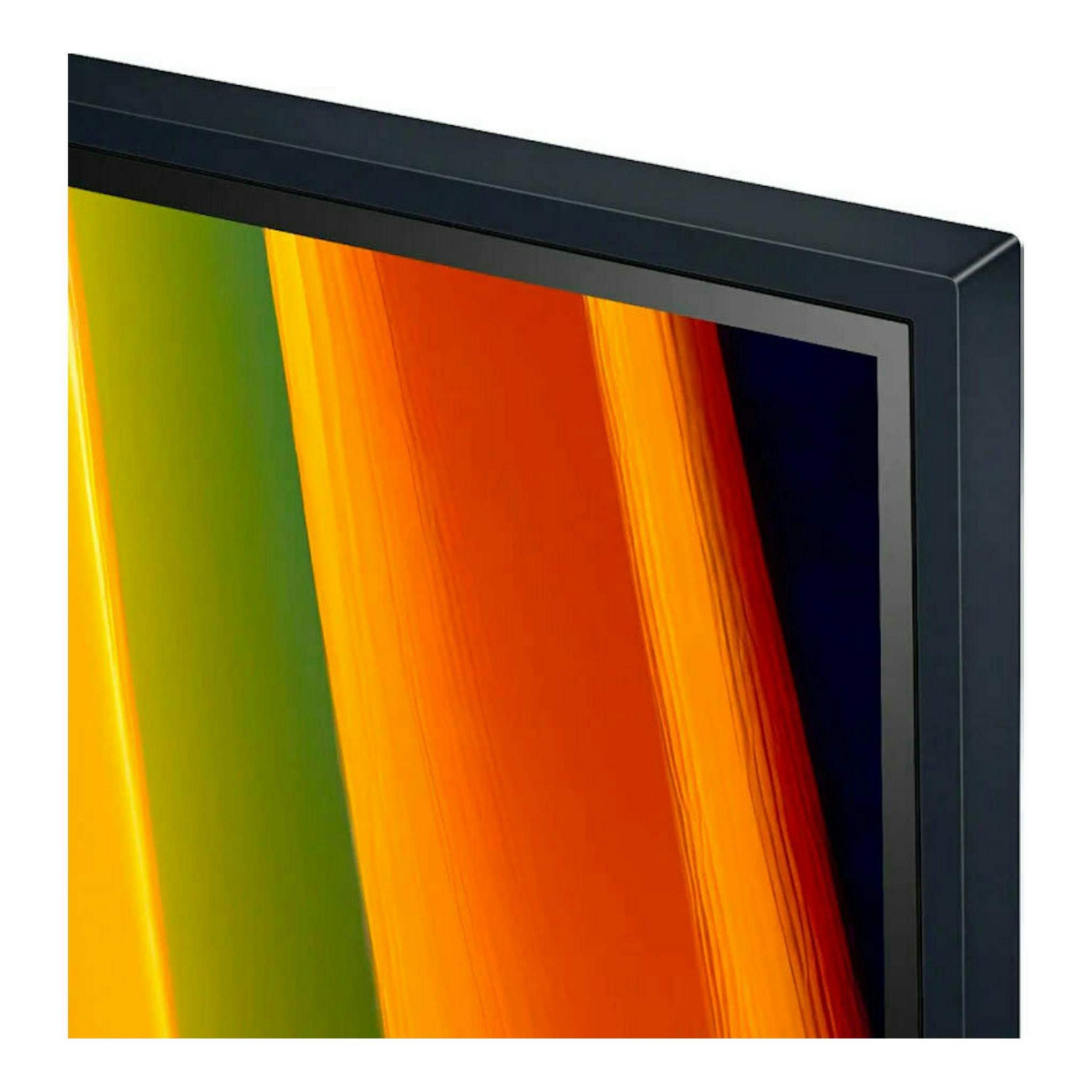 Televisor LG 55UT91006LA.AEU negro, vista en ángulo del borde superior derecho y pantalla con franjas de color.